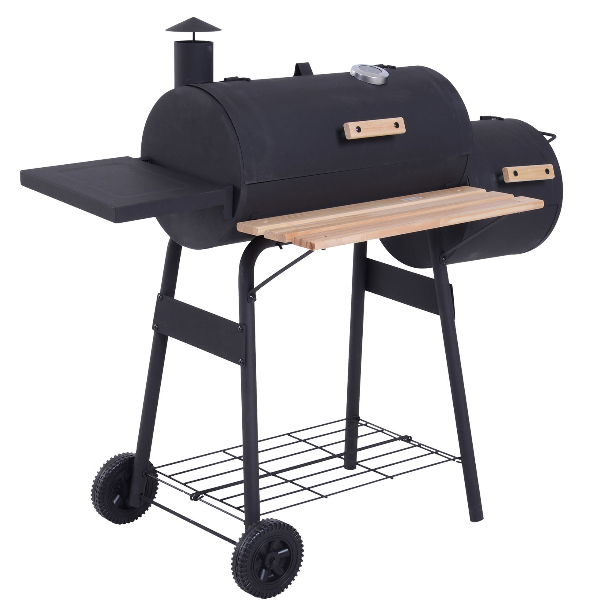 Charcoal Barbecue with Lid and Smoker, Garden BBQ with Shelves and Wheels 124x53x104 cm, Black - Borge' Group Limited