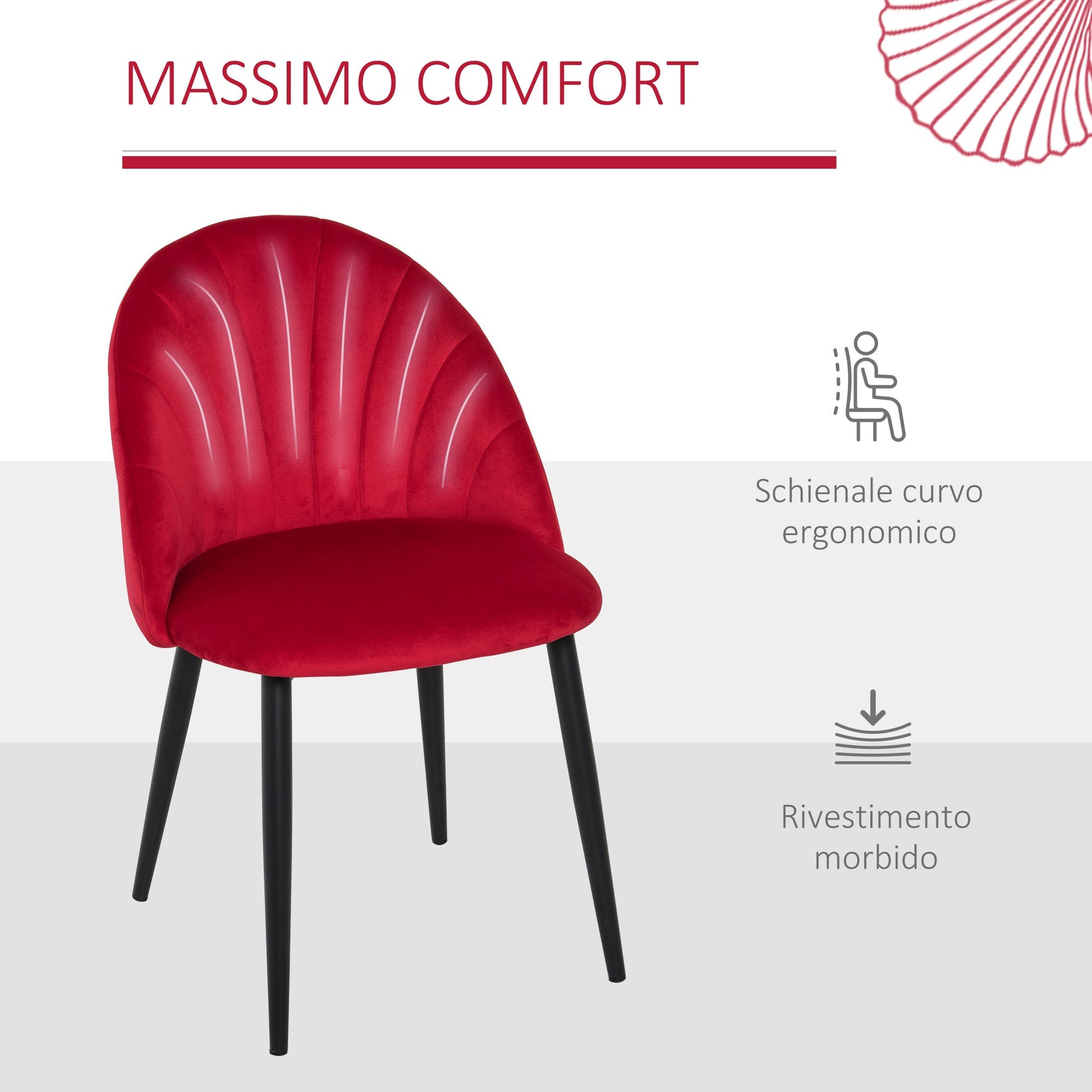 set 2 chairs for dining room padded with Nordic design in metal and red velvet - Borgè