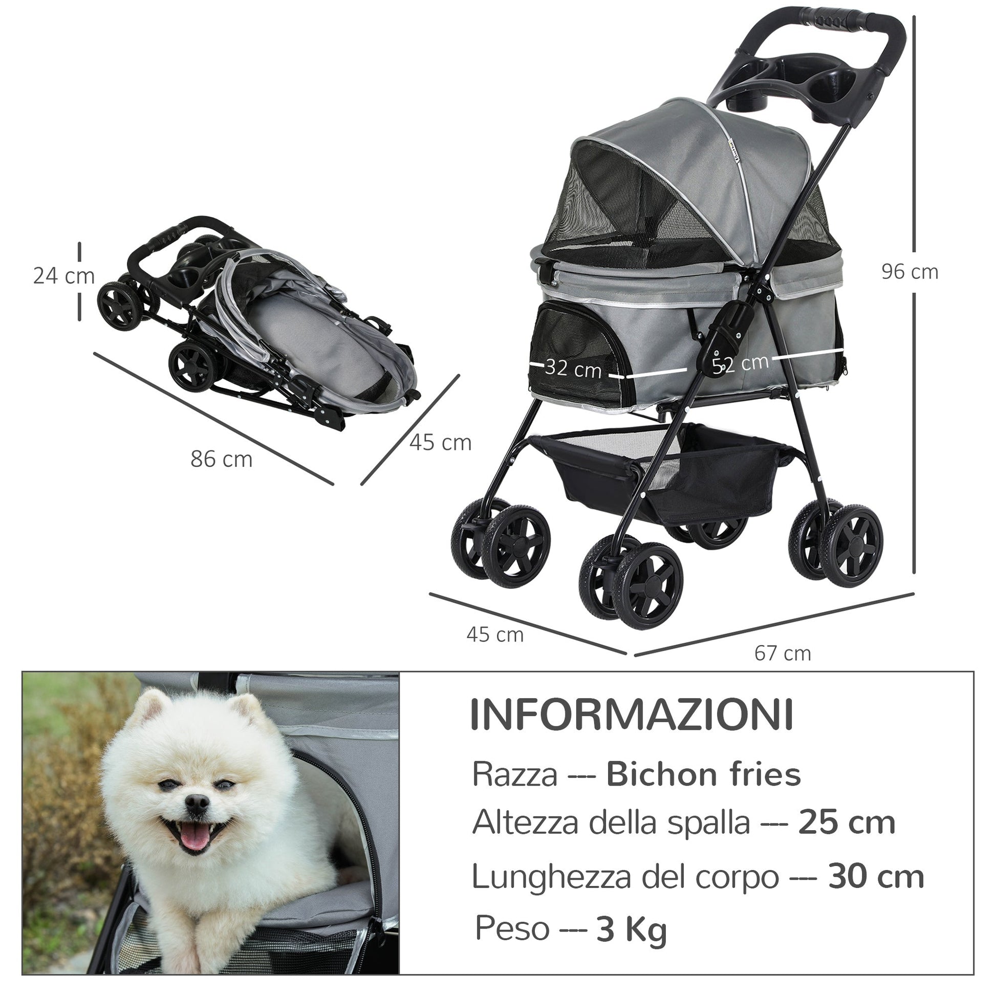 Pawhut Folding dog stroller with safety leash and storage basket, Grey - Borgè