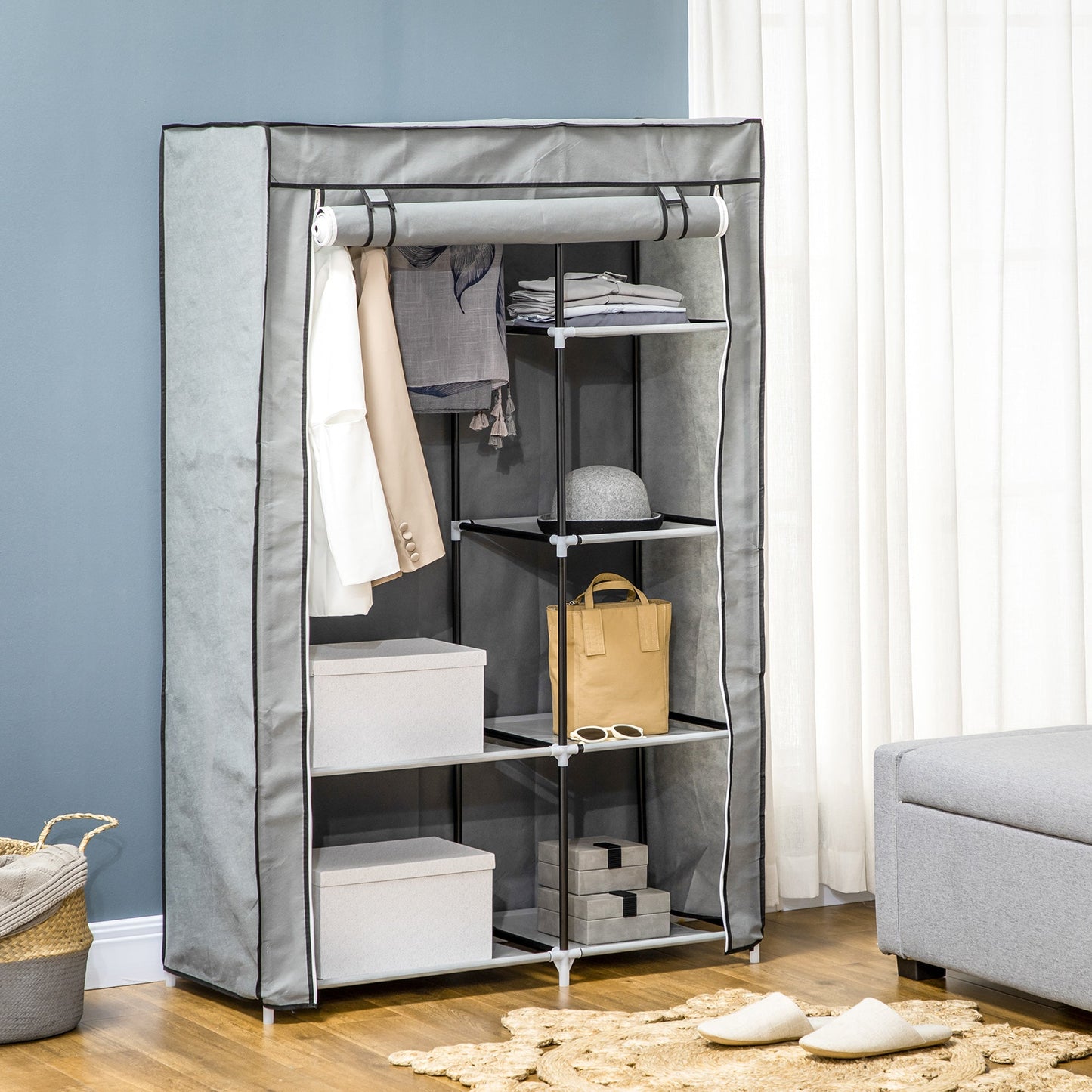 Portable wardrobe wardrobe Non -woven with 6 open shelves and an Appendino, 103x43x162.5 cm, Grey - Borgè