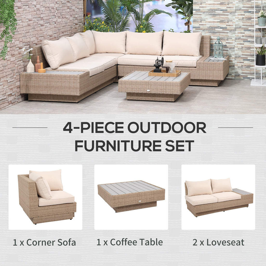 4-Piece Rattan Garden Set, Corner Sofa with Cushions and Coffee Tables, Black and Light Brown - Borge' Group Limited