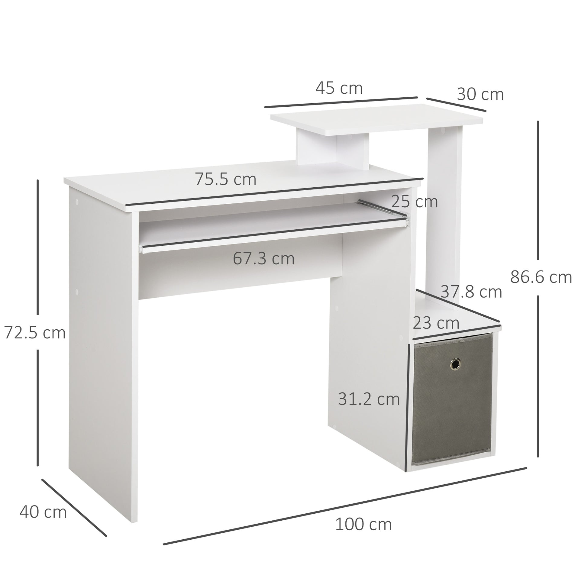 Homcom computer desk with keyboard holder, shelter and drawer in fabric, in wood, 100x40x86.6cm, white - Borgè