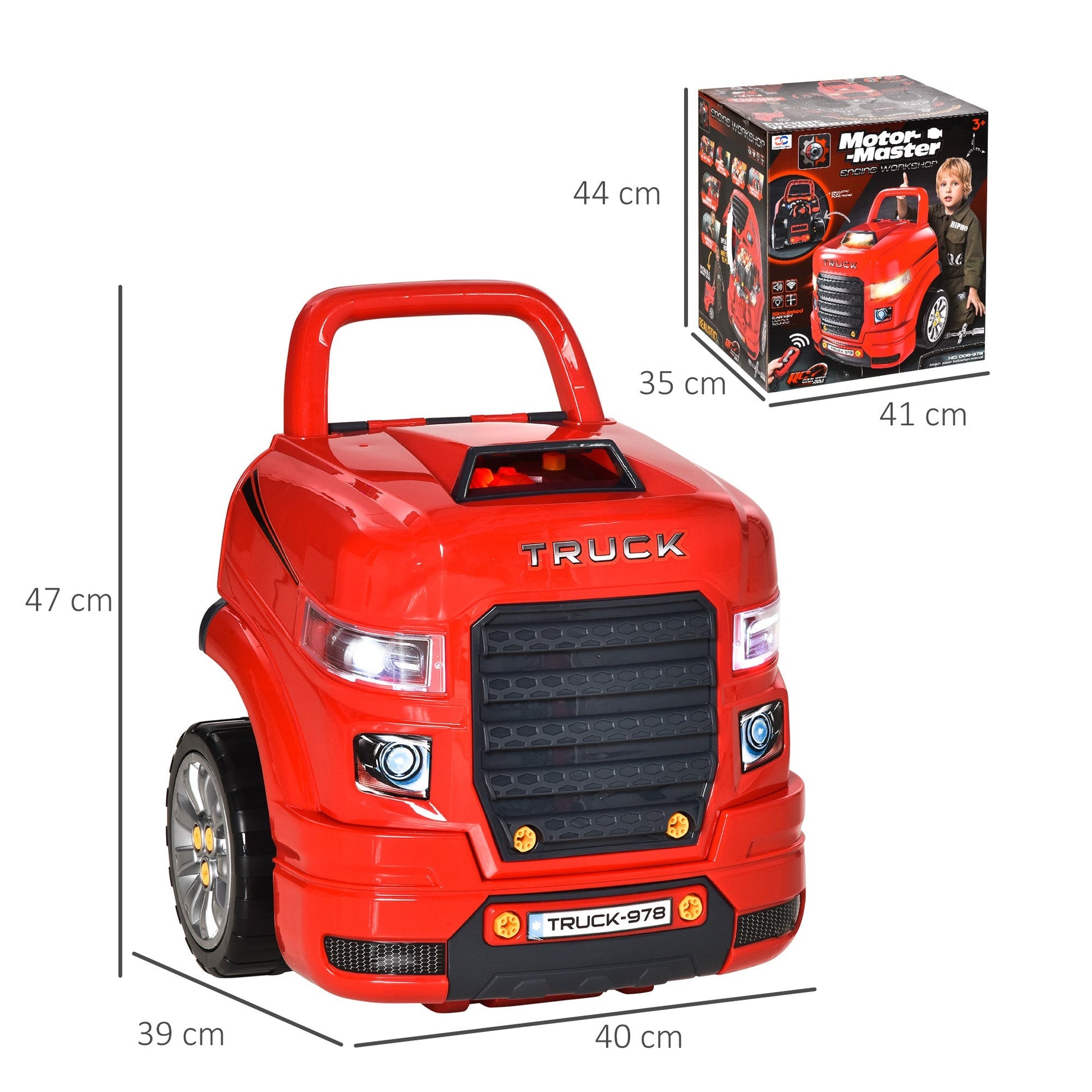 Homcom Toy Truck Officina with engine and 61 children's accessories 3-5 years, wheels and handle, 40x39x47cm - red - Borgè