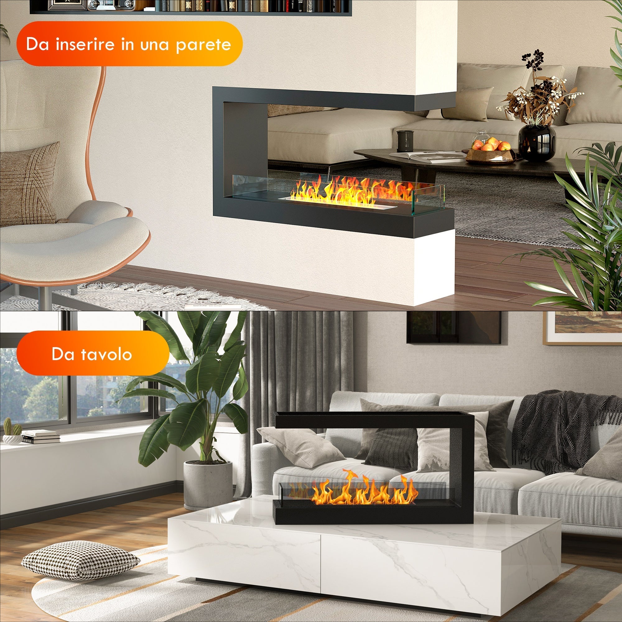 Bioethanol Fireplace with 3 sides with 2.4L burner and lasting 4 hours, 30ãŽ¡ cover, 100x30x55cm - Borgè