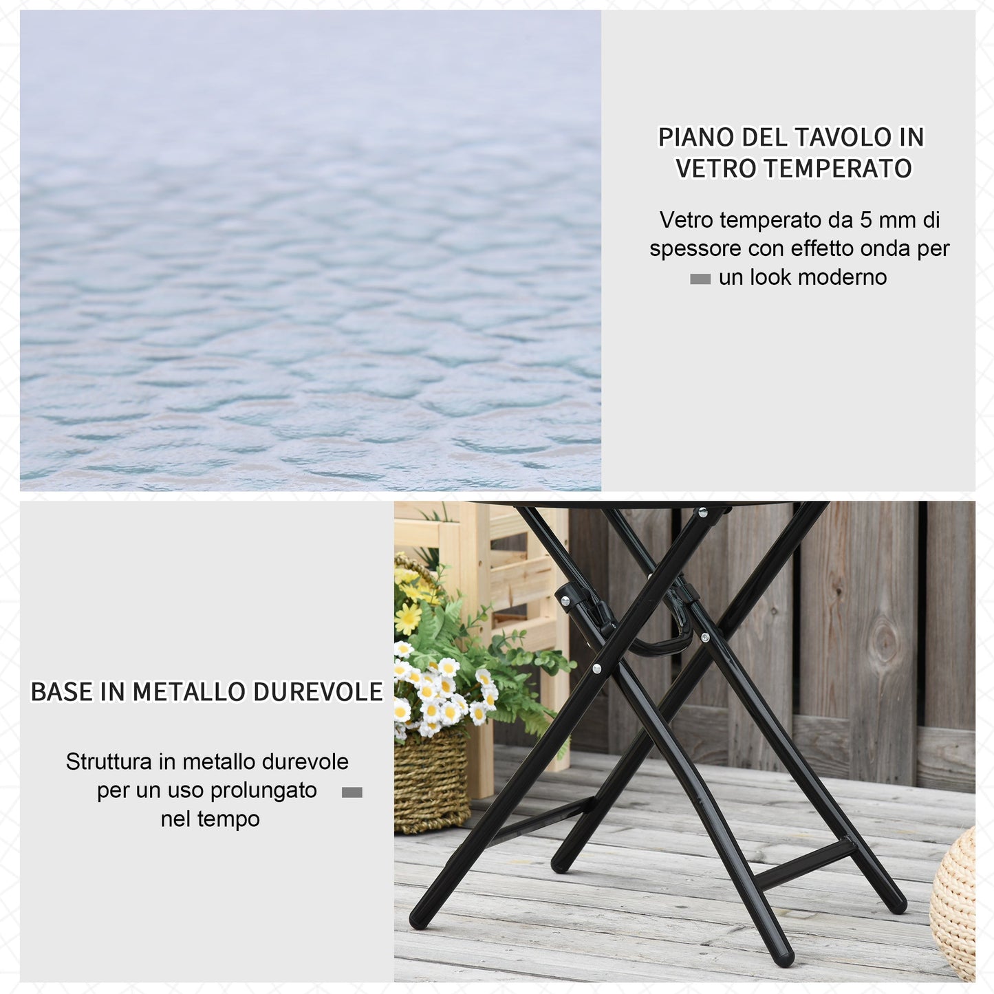 Outsunny Metal Folding Garden Table, small garden table with glass shelf and safety block, φ45x50cm black - Borgè