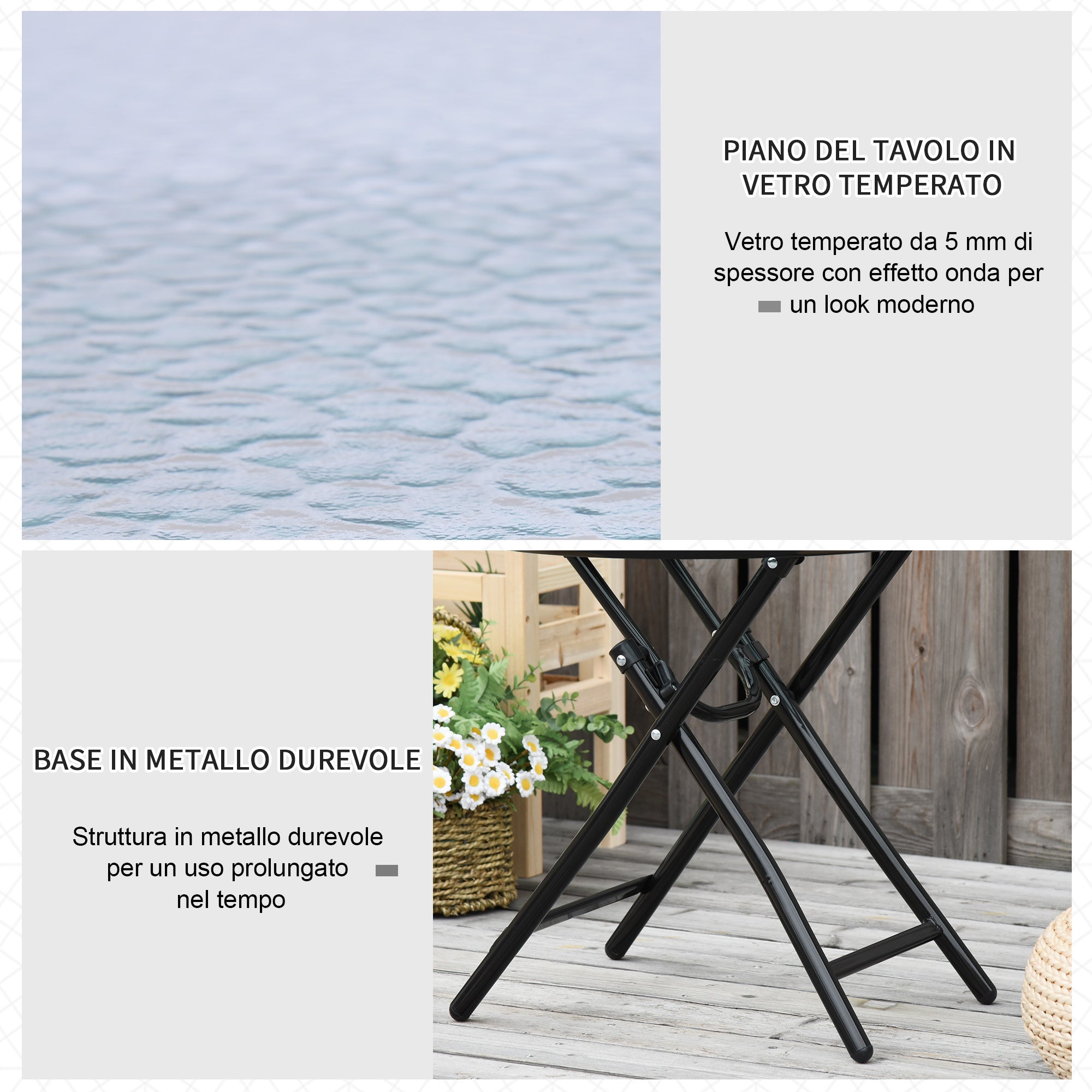 Folding Metal Garden Table, Small Garden Table with Glass Top and Safety Lock, Φ45x50cm Black - Borge' Group Limited