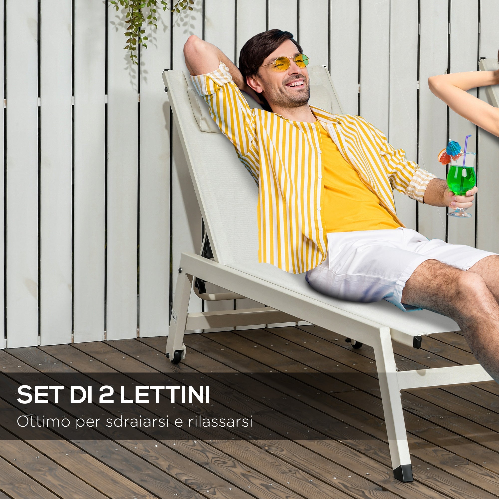 Chaise Longue Reclining Sun Lounger 2pcs in Aluminum and Polyester, 55x195x30 cm, Beige - Borge' Group Limited