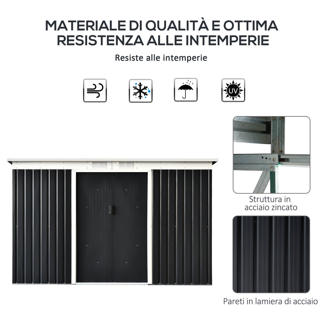 Garden Shed Tool Shed in Steel Sheet with Sliding Doors, 280x130x172cm, Grey-Black - Borge' Group Limited