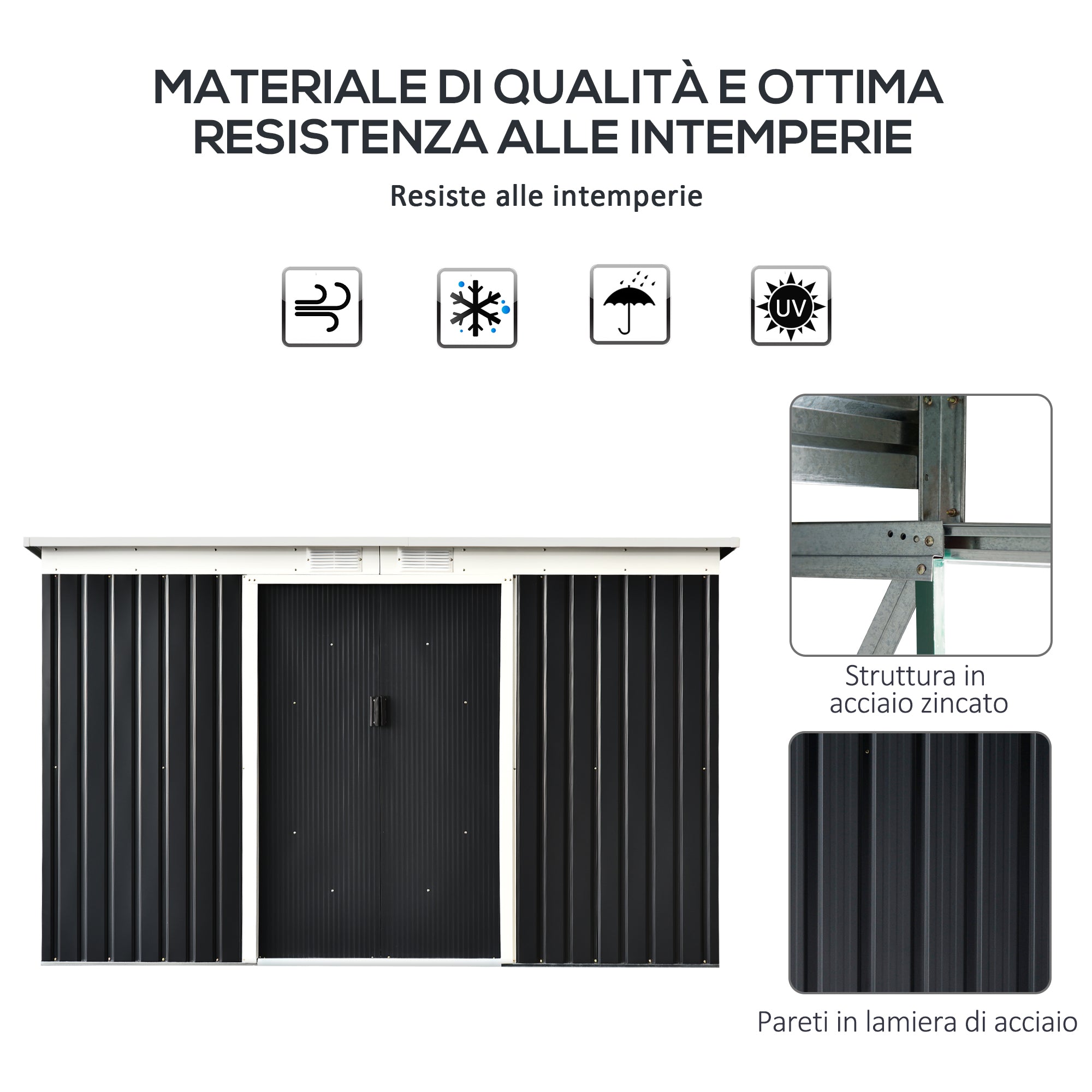 Garden Shed Tool Shed in Steel Sheet with Sliding Doors, 280x130x172cm, Grey-Black - Borge' Group Limited