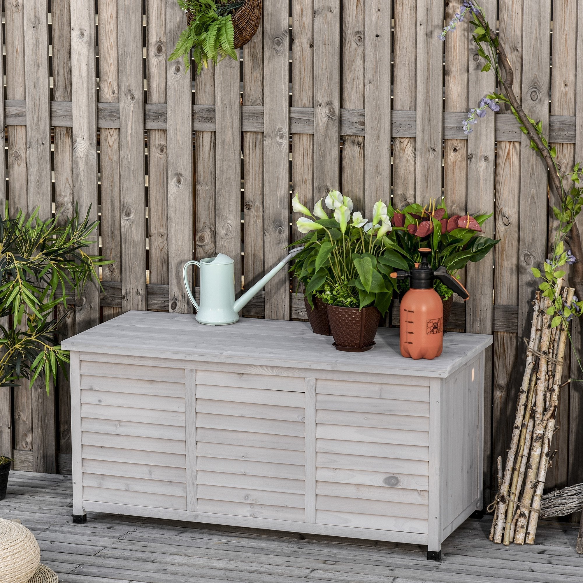 Fir Wood Storage Bench, Outdoor Chest with Non-Slip Feet 127x56x60cm, Grey - Borge' Group Limited