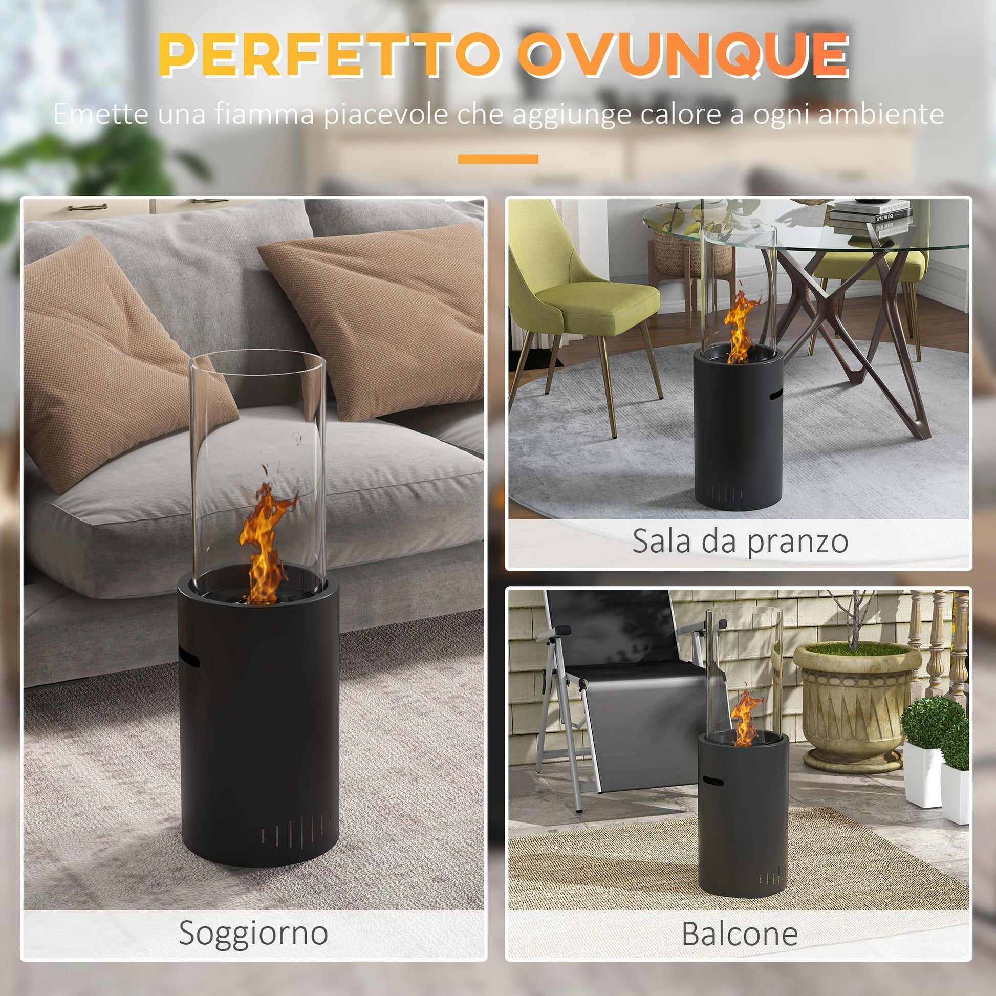 Homcom bioethanol fireplace in steel and glass with 0.3l capacity and cover 15ãŽ¡, 27x27x82 cm, black - Borgè