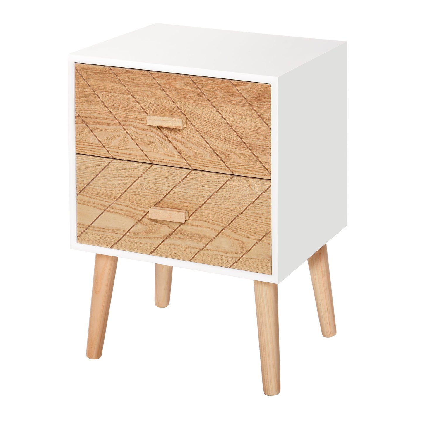 wooden bedside table 2 Scandinavian style drawers, white and wood, 40x30x55.5cm - Borgè