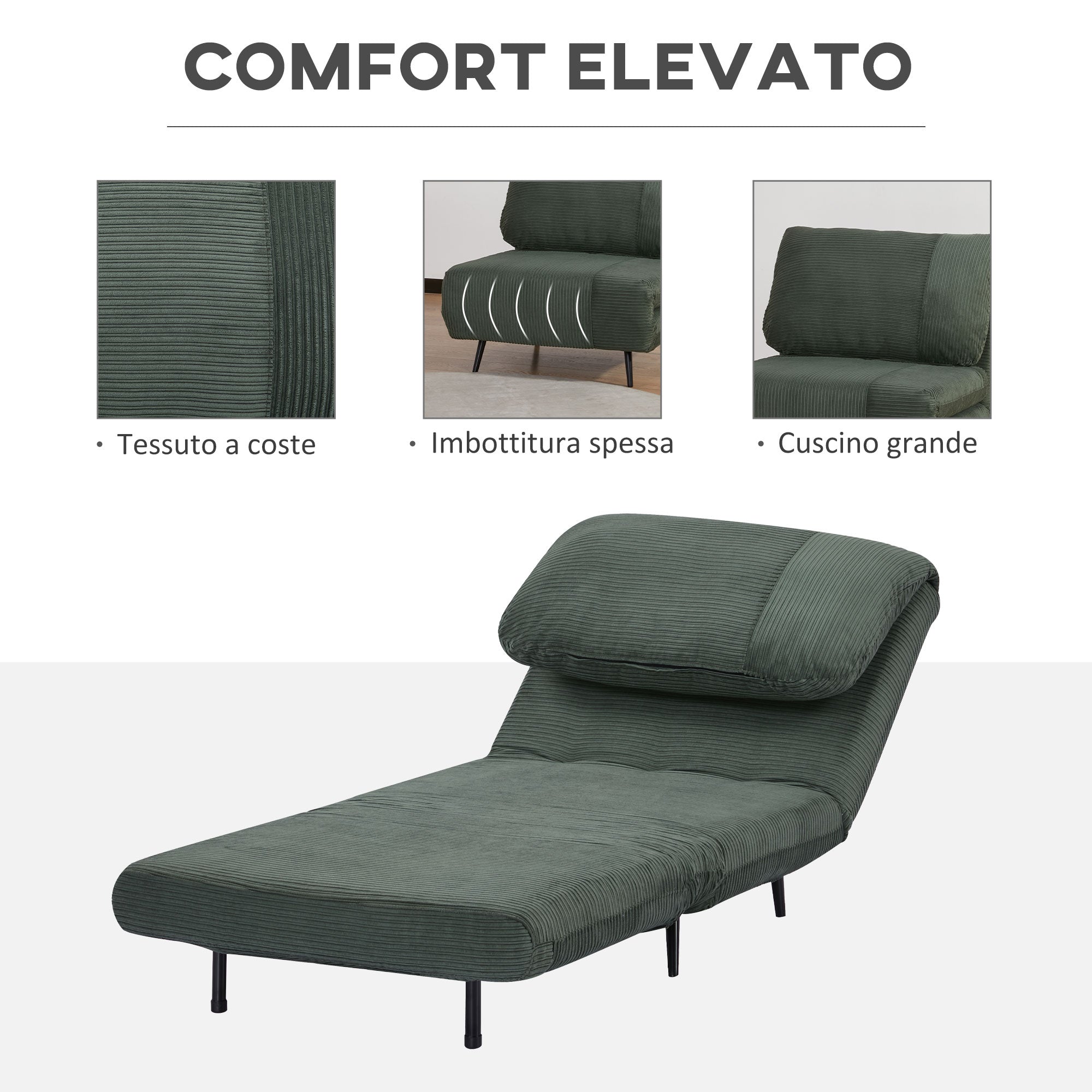 Homcom armchair bed 2 in 1 single, backrest adjustable on 3 levels and padded, wooden structure and steel - Borgè