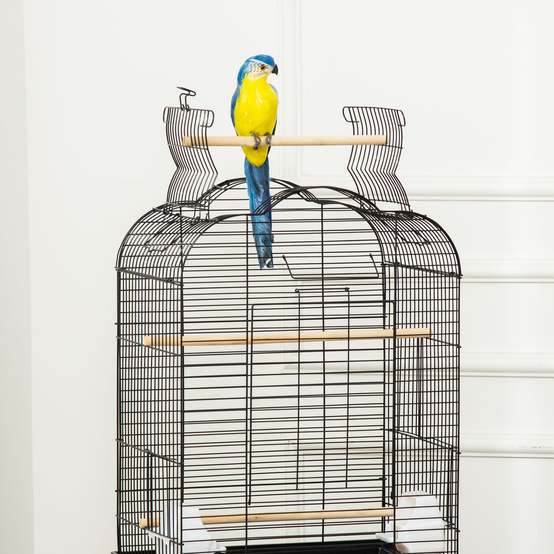 Pawhut bird cage with 3 posees, 2 bowls and 2 side doors, in steel, pp and wood, 46x36x130 cm, black - Borgè