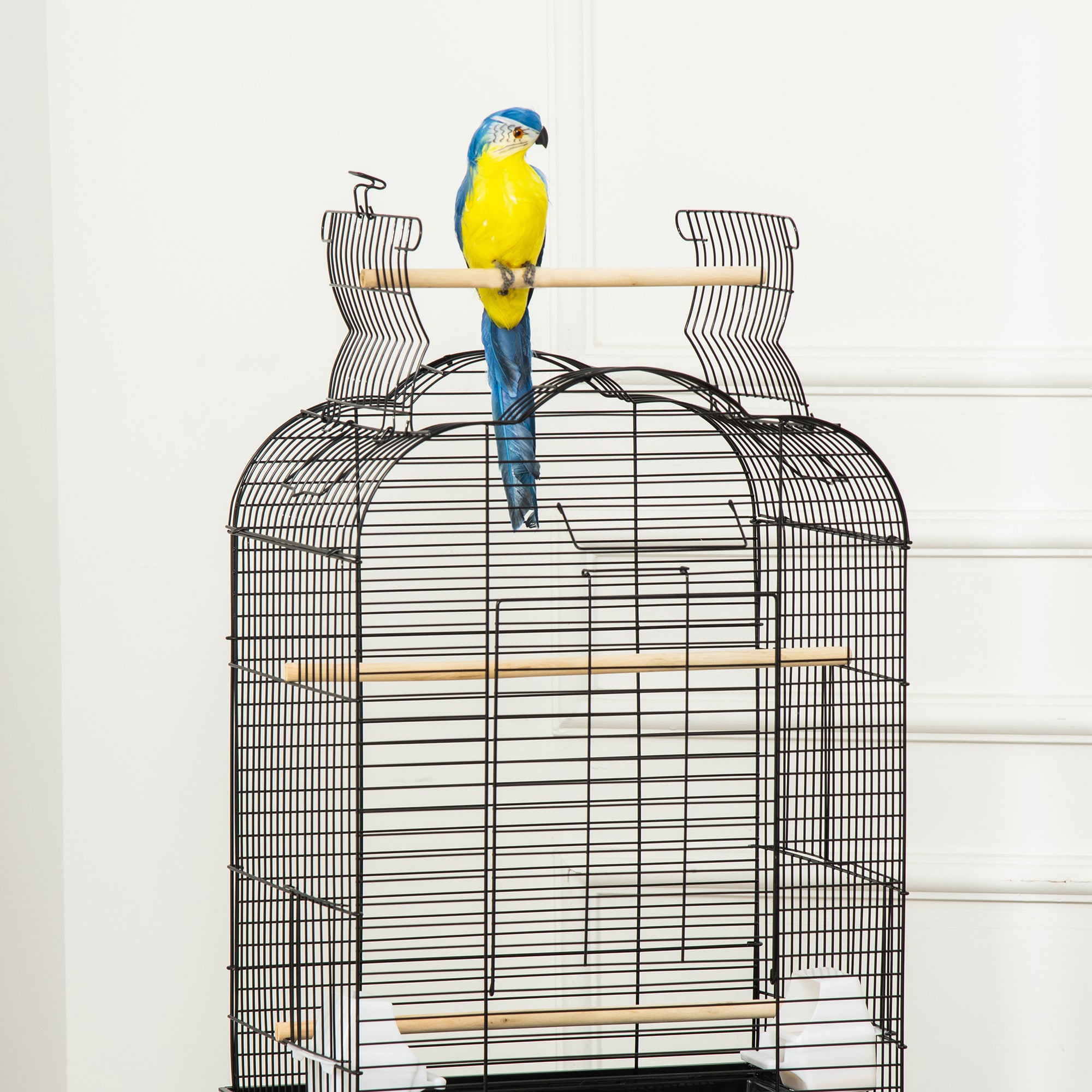 Pawhut bird cage with 3 posees, 2 bowls and 2 side doors, in steel, pp and wood, 46x36x130 cm, black - Borgè