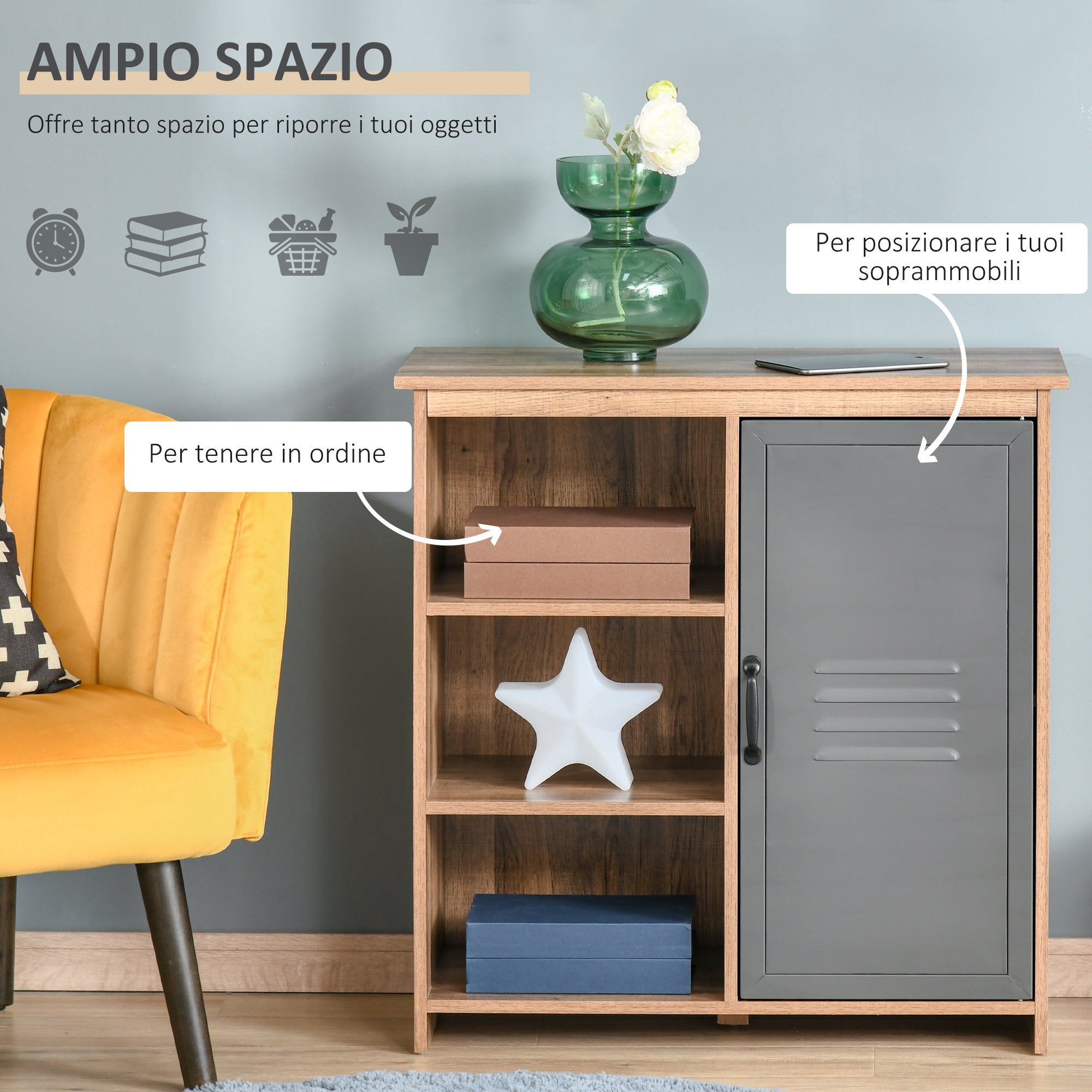 Multiuse cabinet with shelves and wooden locker with metal door, living room and kitchen cabinet, 80x35x82cm, Grey brown - Borgè