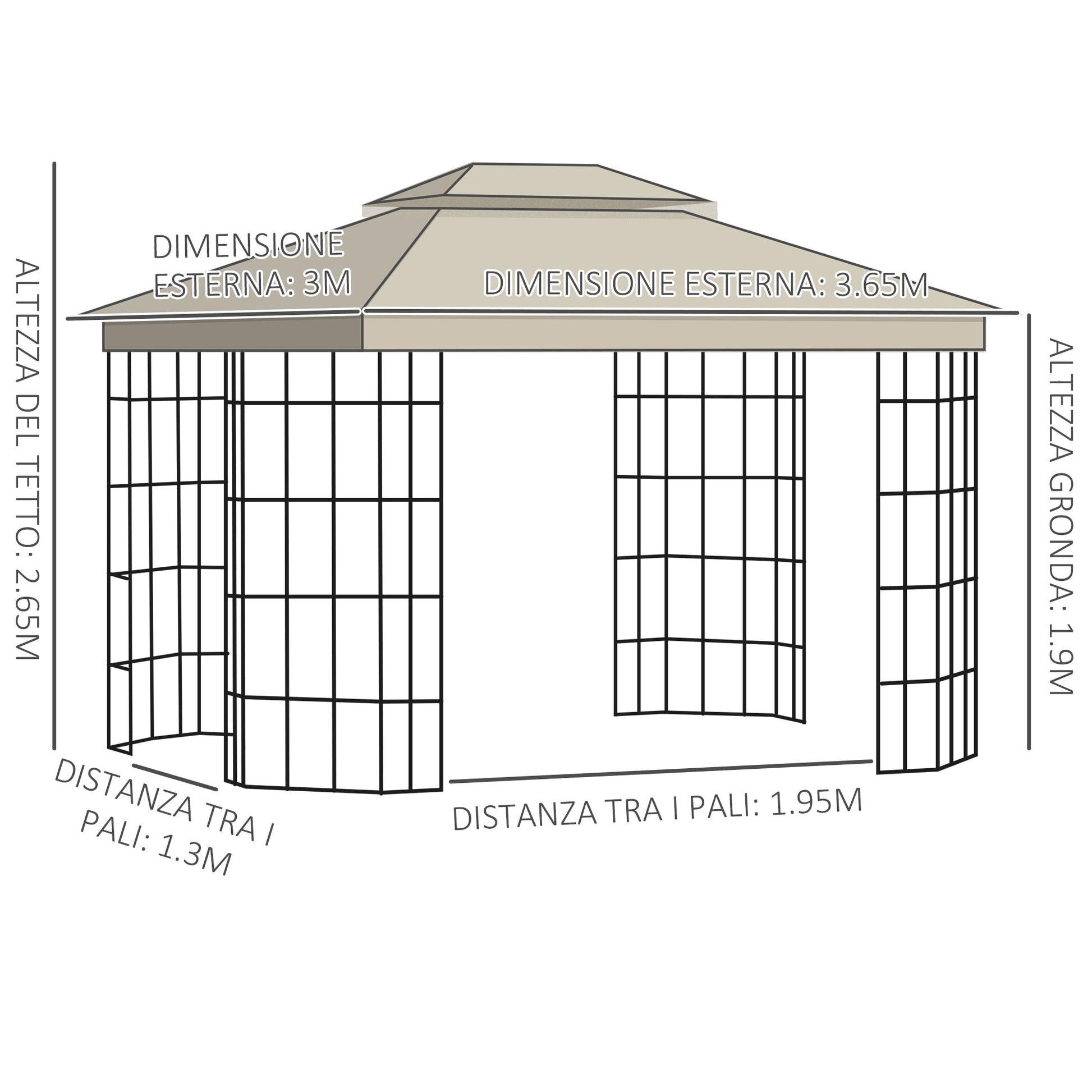 Outsunny garden gazebo with mosquito net and 2 levels in polyester levels, metal structure, 3.65x3m, beige - Borgè