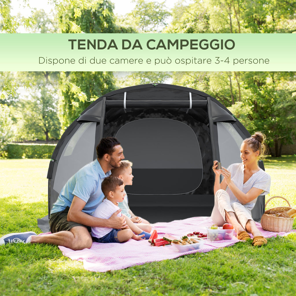 Outsunny camping curtain 3-4 people two rooms with windows, transport bag 475x264x172cm black - Borgè