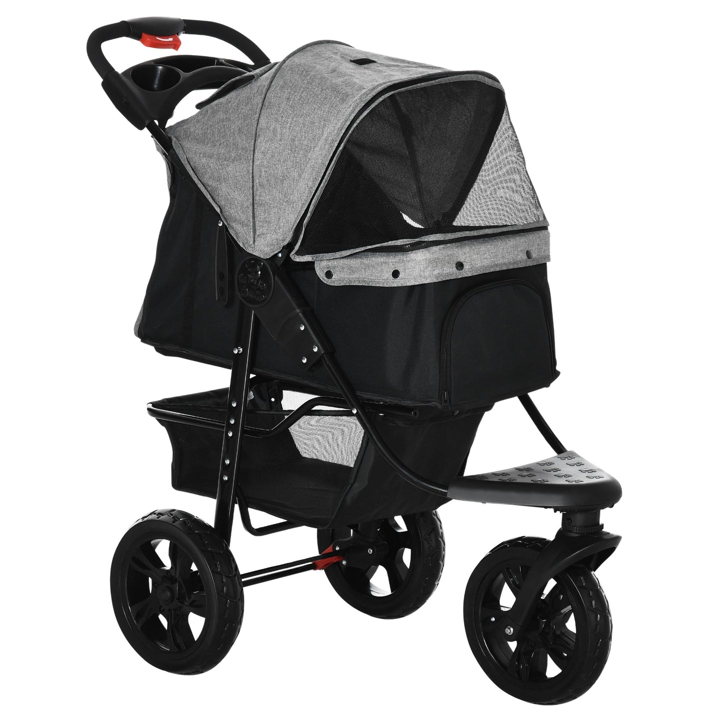 PAWHUT 3 -wheel folding dog stroller with brake, storage basket and bottle holder, in steel and oxford, Grey and black, 109.5x54.5x106.5cm - Borgè