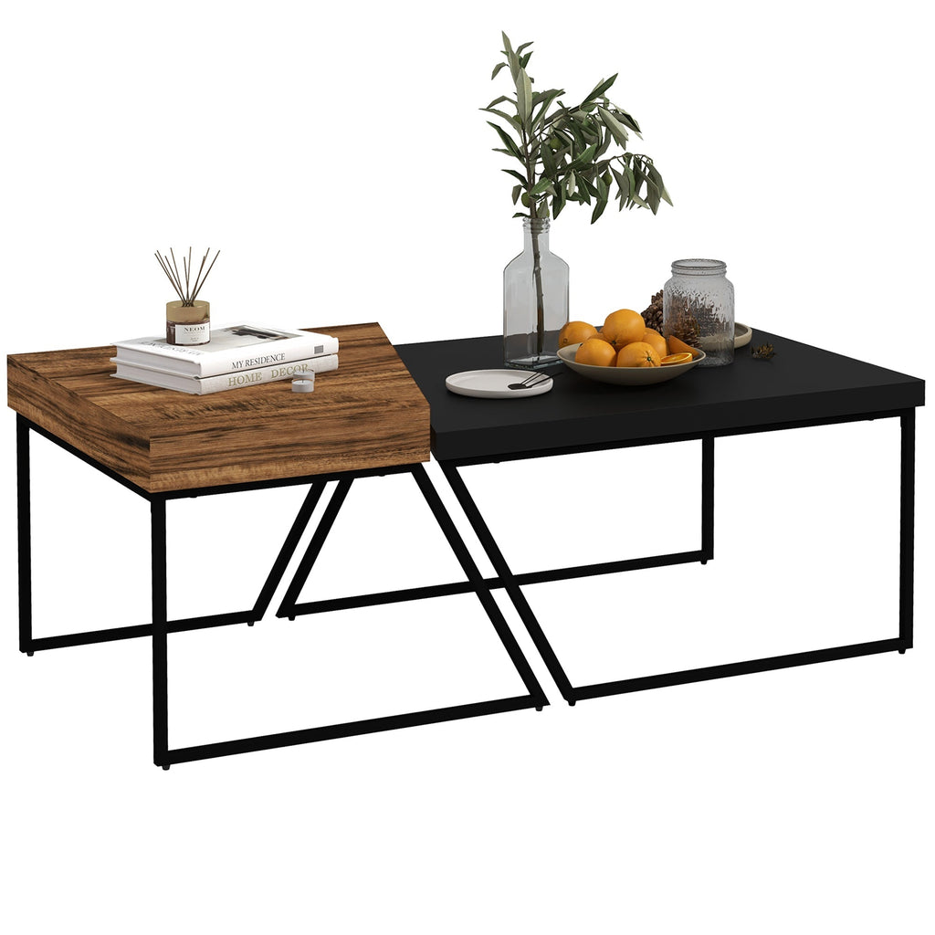 Homcom Set 2 coffee tables in chipboard and steel, black table 80x60x42 cm and brown table 60x60x46 cm - Borgè