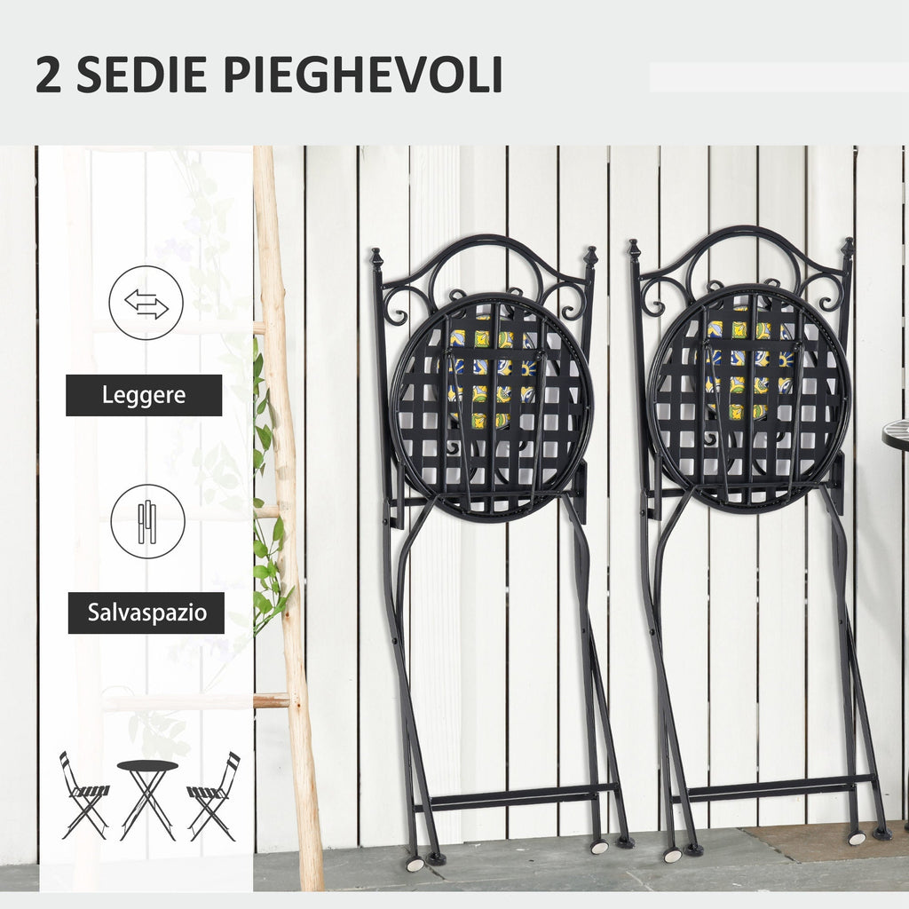 MAIOLICA | Mosaic 3 Piece Balcony Table and Chair Set, Folding Metal Garden Set with Colorful Majolica, Multicolor - Borge' Group Limited