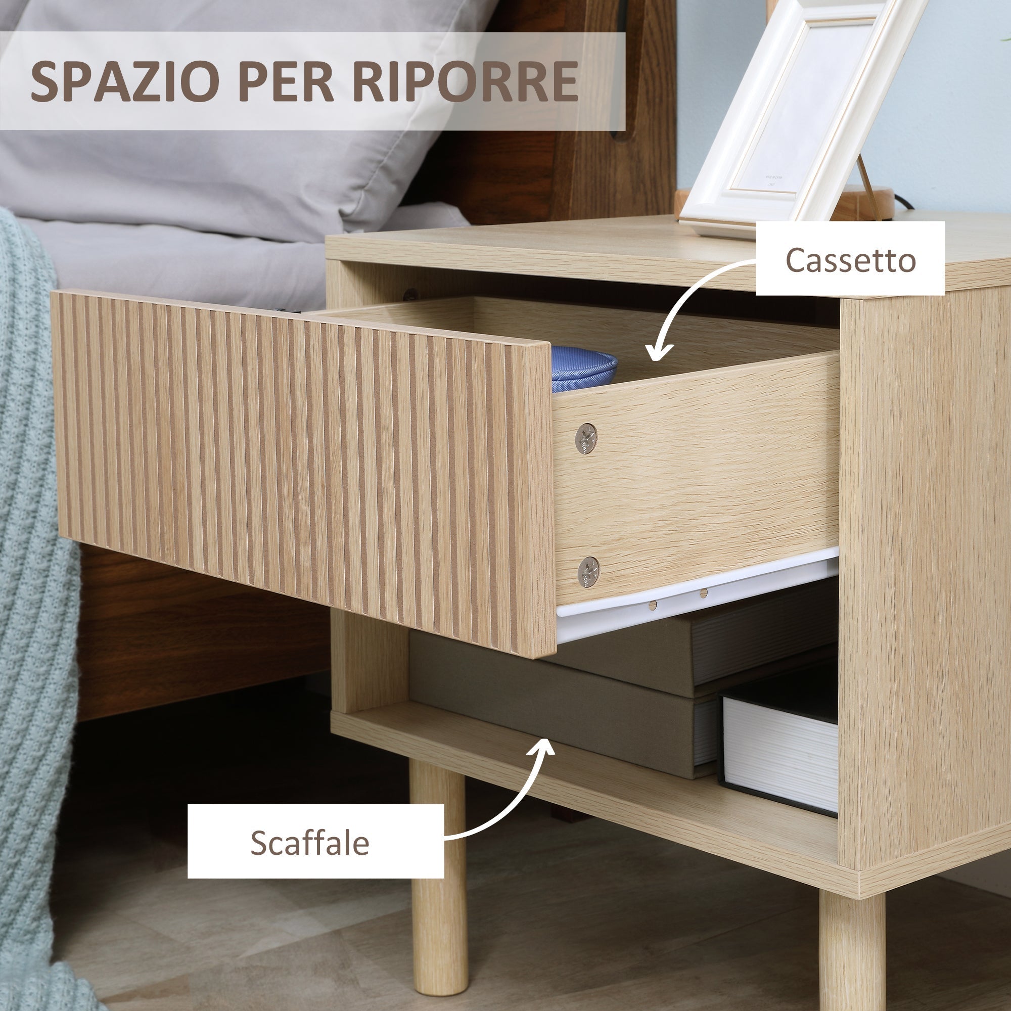 modern bedside table with drawer and open shelf in chipboard, 47x47x50 cm, wood color - Borgè