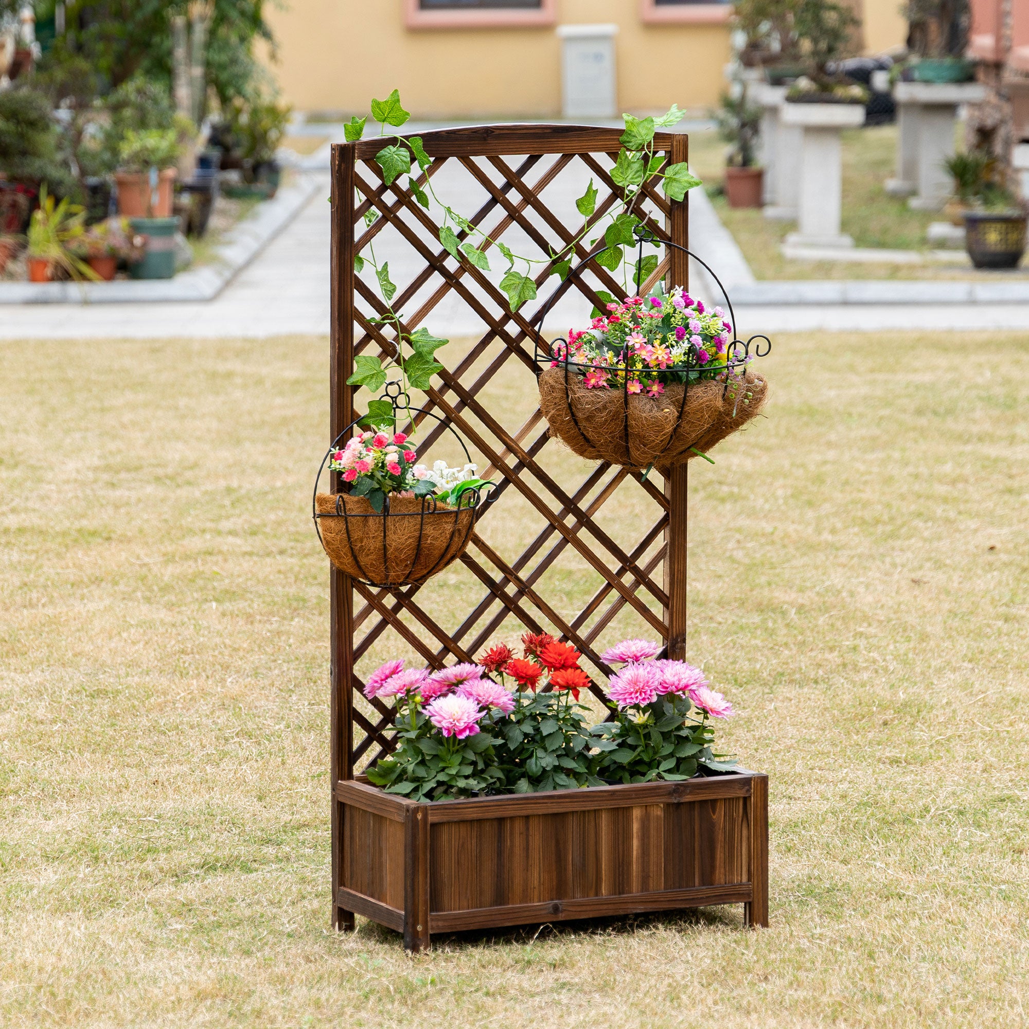 Outsunny Outdoor Fioriera with wooden grill for climbing plants, 60x30x122.5 cm, brown - Borgè