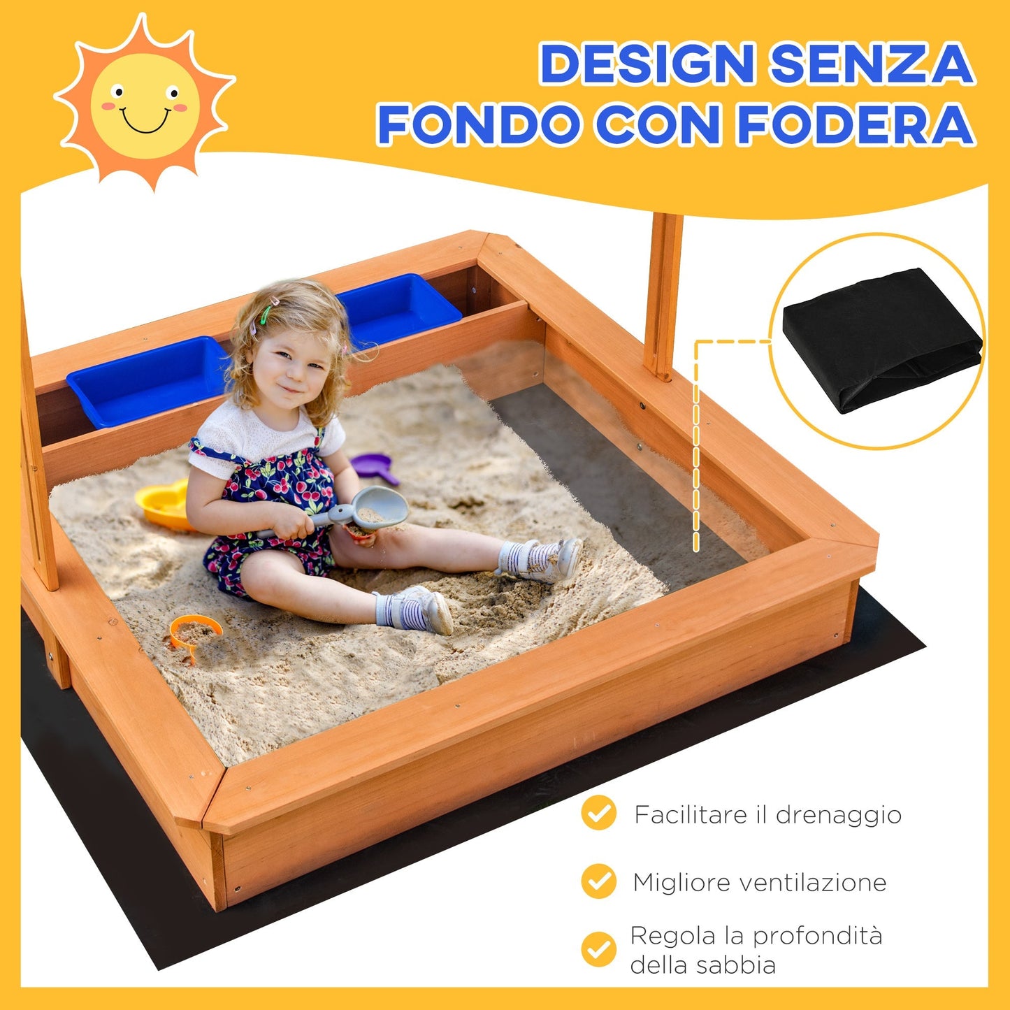 Outsunny Sabbiera for wooden children with adjustable roof, seats and trays, 107.5x107.5x110cm - Borgè