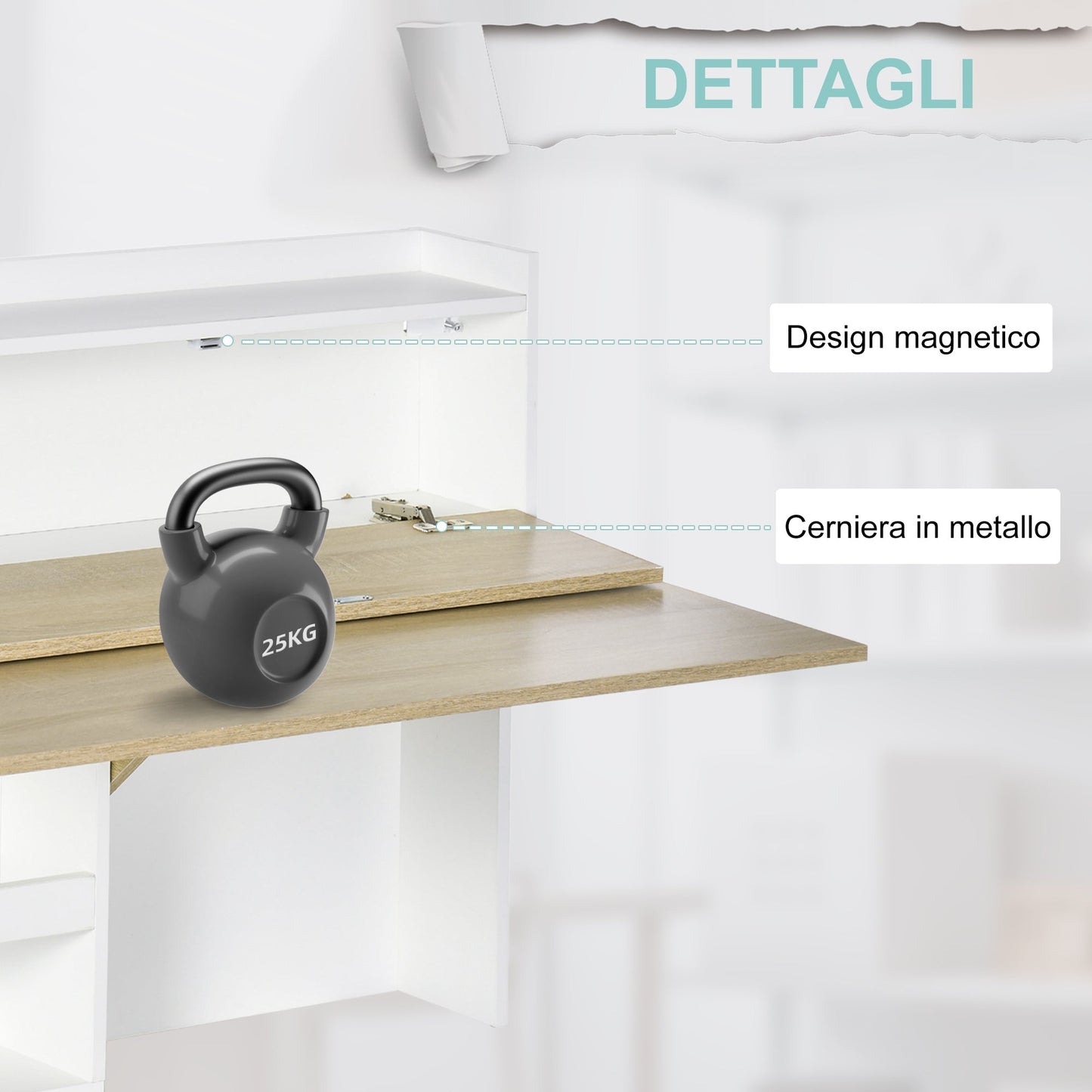 Folding Wall Desk and Salvaspazio with shelves, for home and office, in chipboard, 100x18x74 cm - Borgè