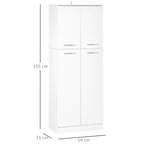 Multipurpose Pantry Cabinet with 2 Cabinets and Adjustable Shelves, MDF, 59x31x155cm, White - Borgè