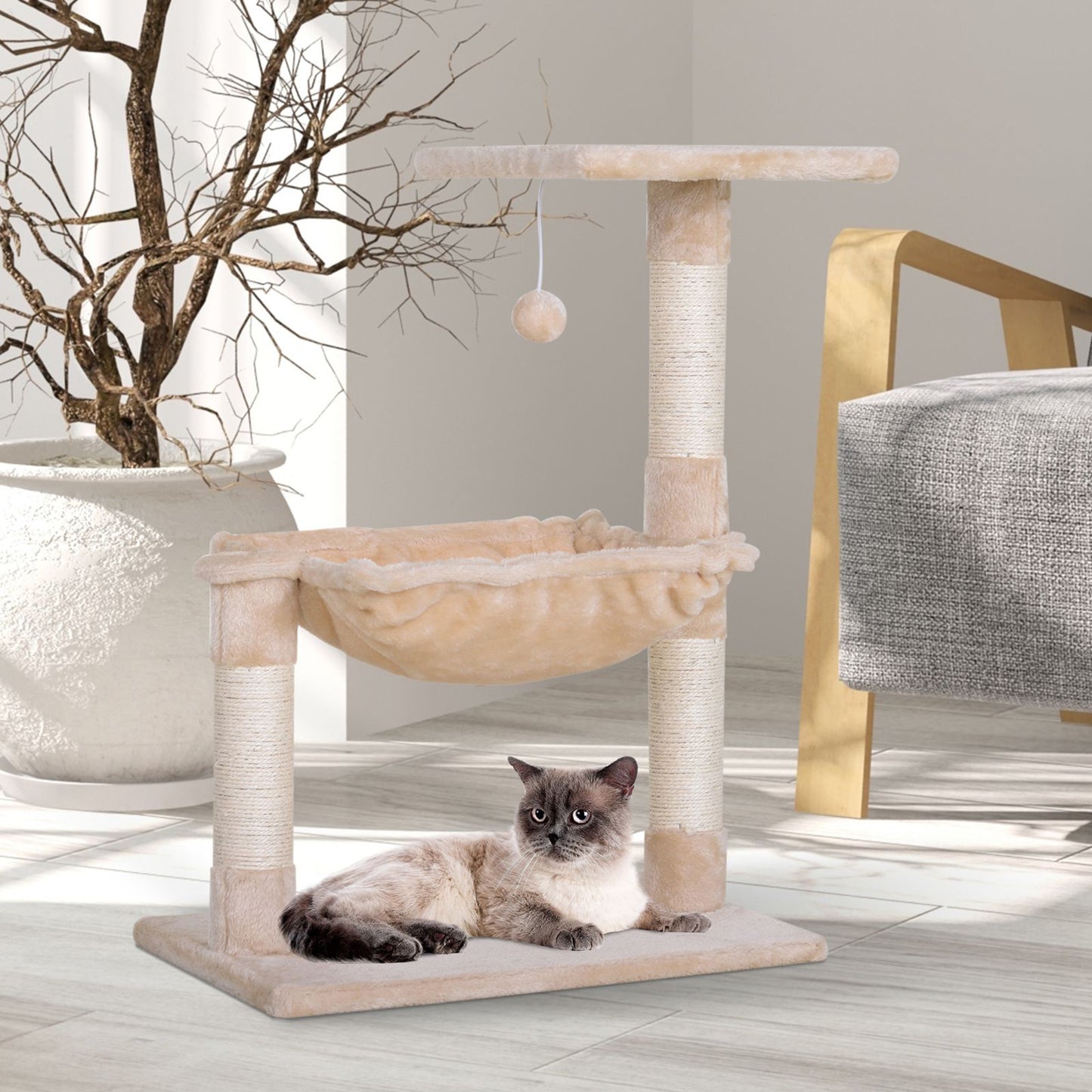 Pawhut Torre for cats max 3.6kg with hammock and hanging ball, in wood and plush, 50x36x70 cm, beige - Borgè