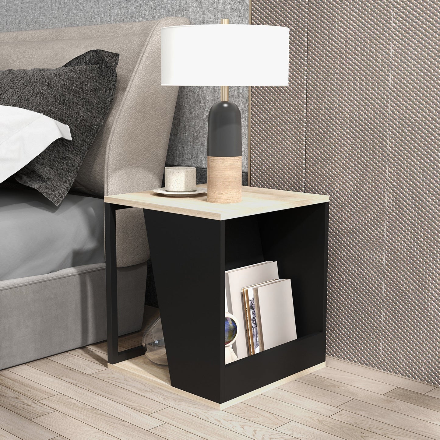 Set of 2 Coffee Tables with Storage Compartment in Chipboard and Steel, 40x40x45cm, Black and Oak - Borgè