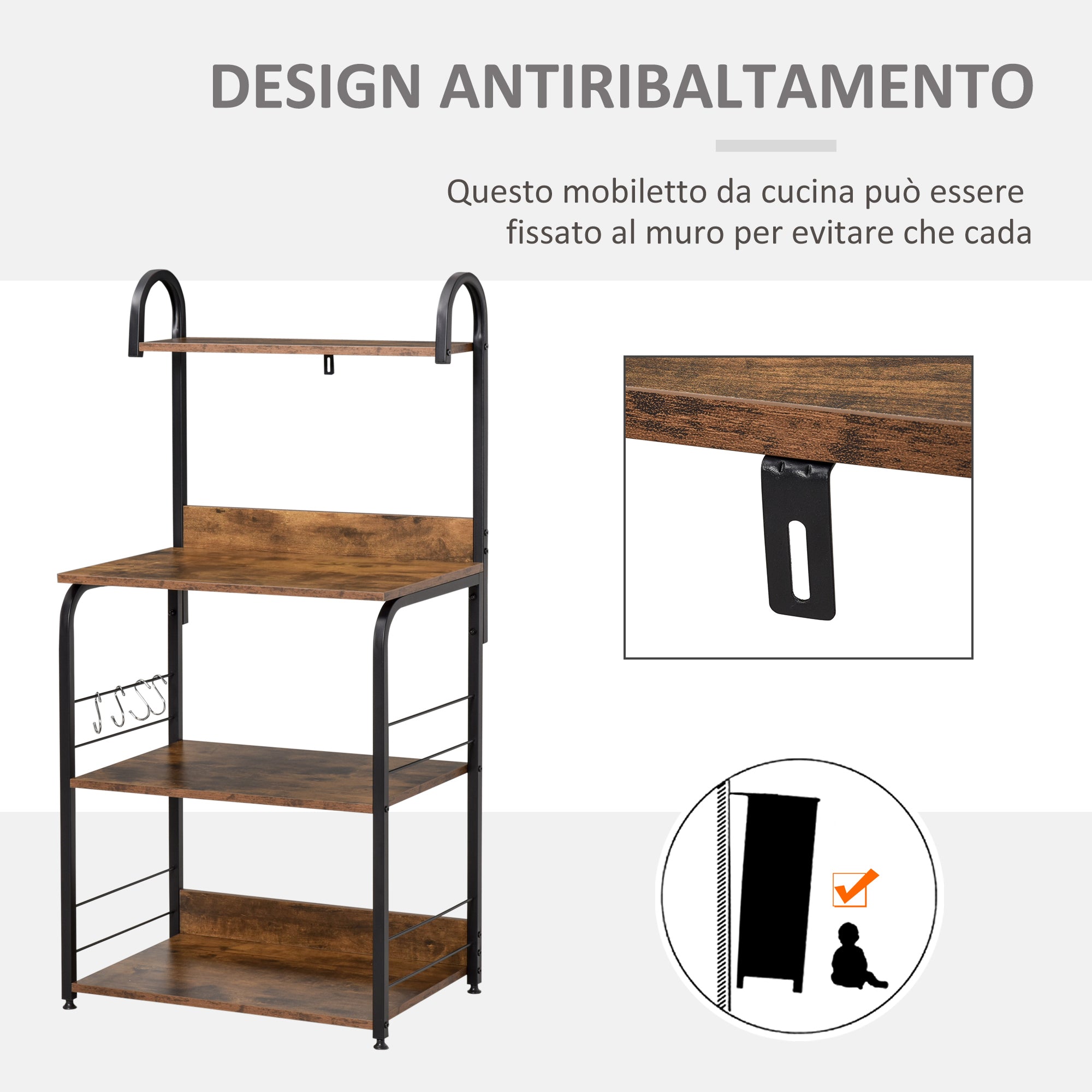 Kitchen Mobile 4 shelves and steel hooks and wood 60x40x125cm, wood - Borgè