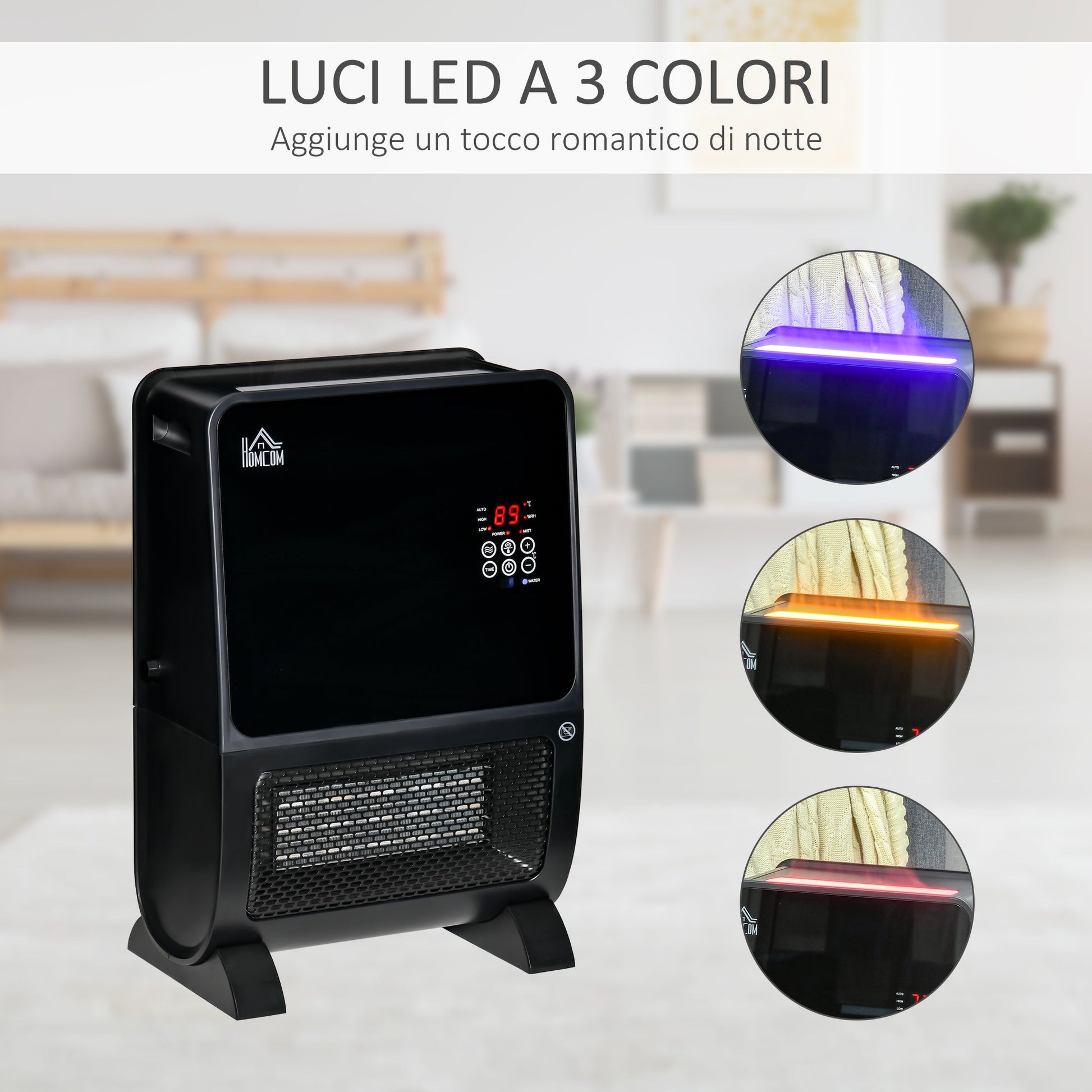 Electric Heater 2 in 1 with humidifier, 3 -colored LED light and ultraviolet, timer and remote control, 33x21x49.5cm - black - Borgè