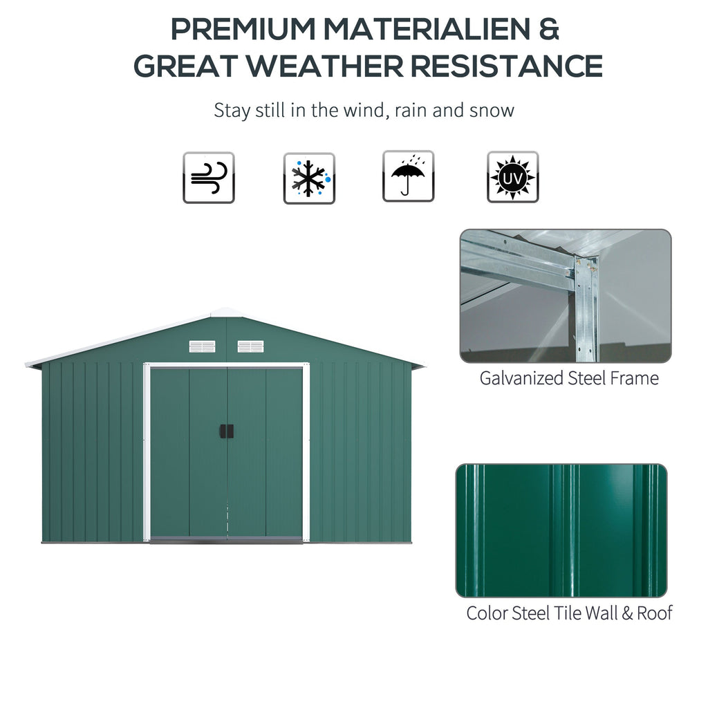 Garden Shed with 2 Sliding Doors and 4 Air Vents in Steel, 340x386x200cm, Green - Borge' Group Limited