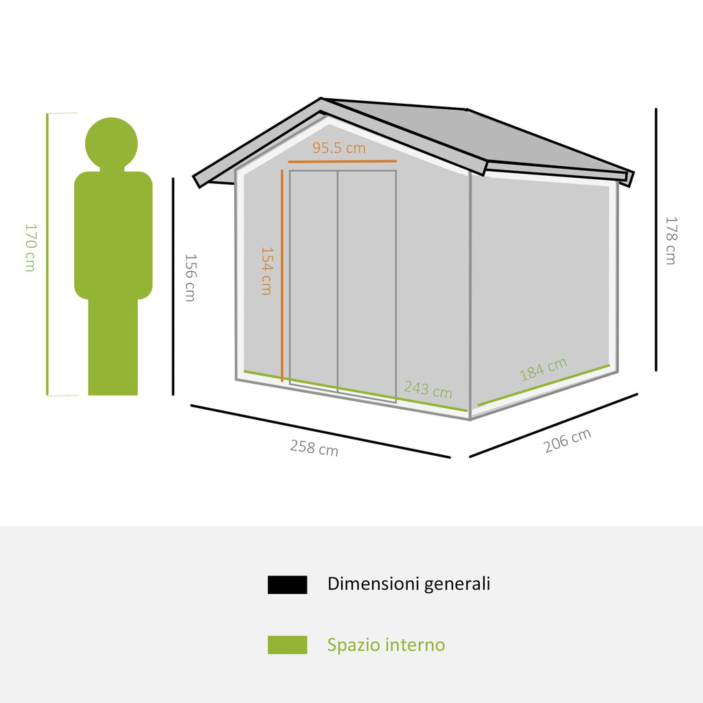 Steel Sheet Garden Tool Shed, Steel Garden Shed with Structure Base and Sliding Doors, 258x206x178cm, Green - Borge' Group Limited