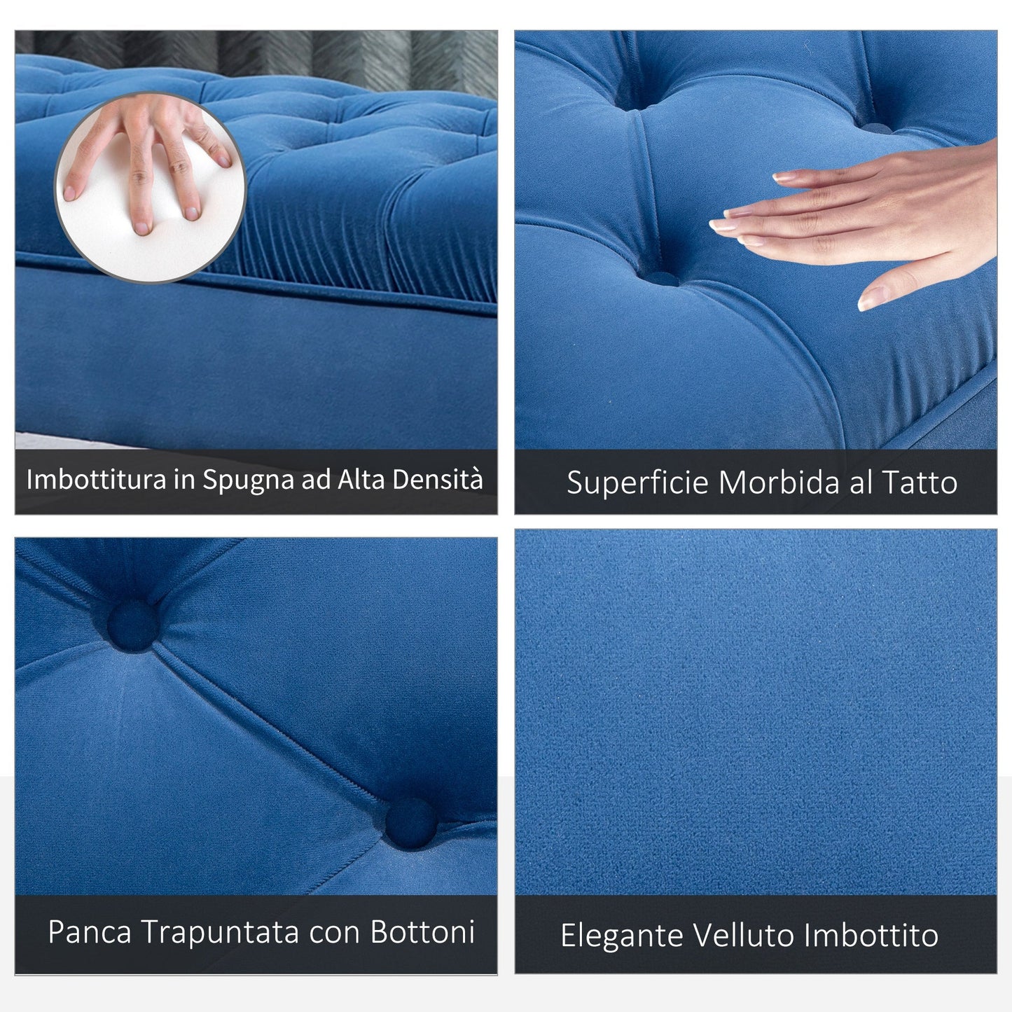 Bench Padda Fondaleto in velvety fabric, bench for bedroom and entrance with quilt decoration, metal feet, blue - Borgè