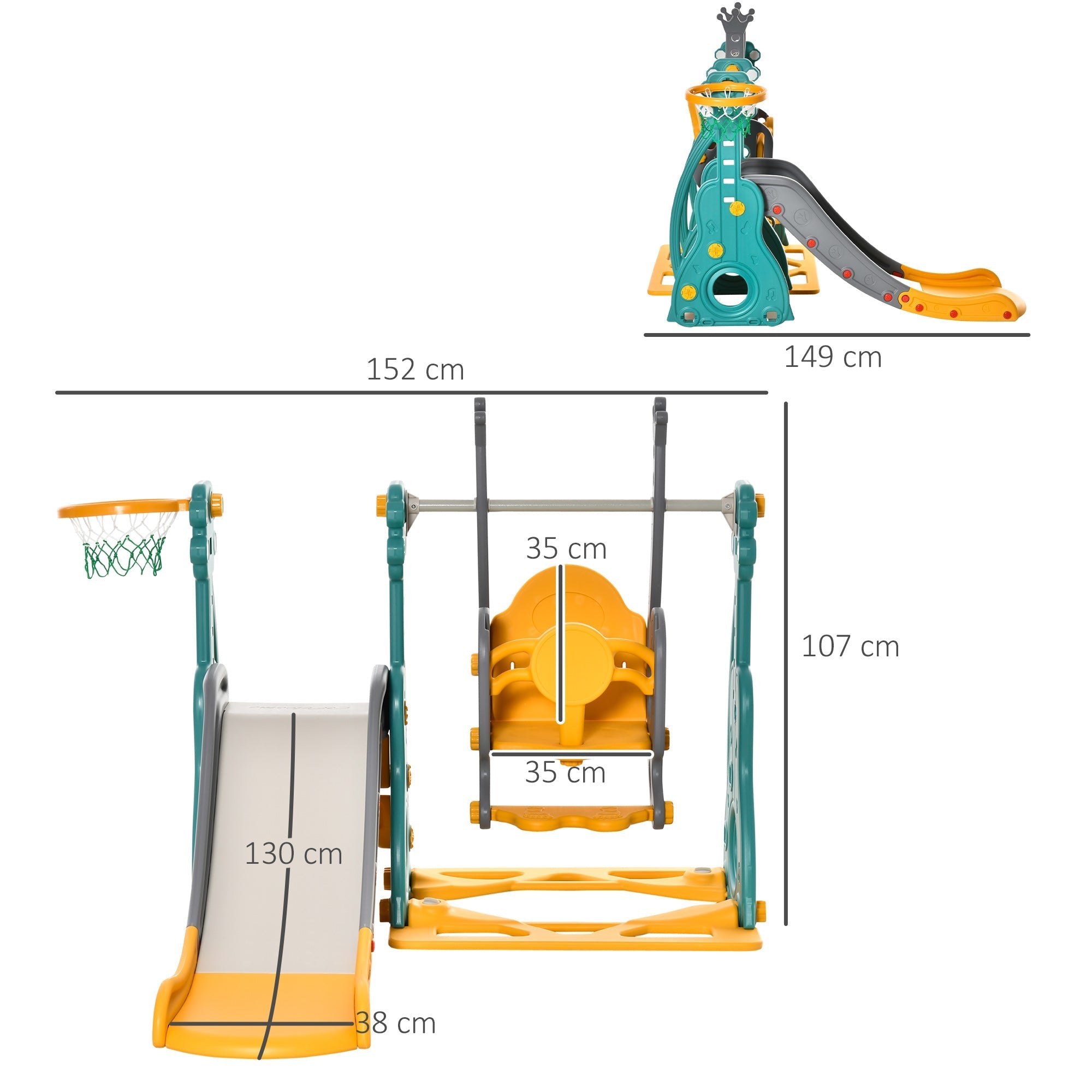 slide for children 18 months-3 years with adjustable swing and basket in multicolor hdpe 152x149x107cm - Borgè