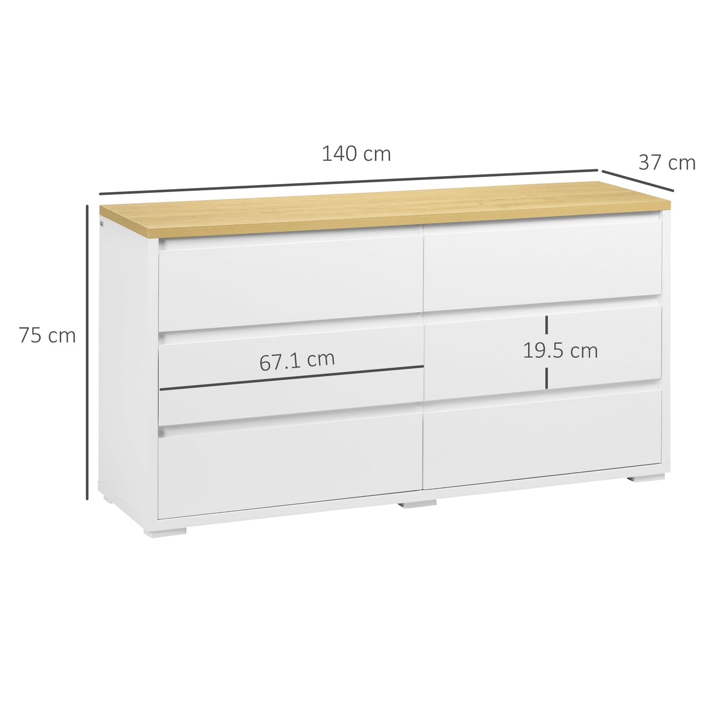 Homcom drawer 6 drawers modern in chipboard for bedroom and entrance, 140x37x75cm, white and wooden color - Borgè