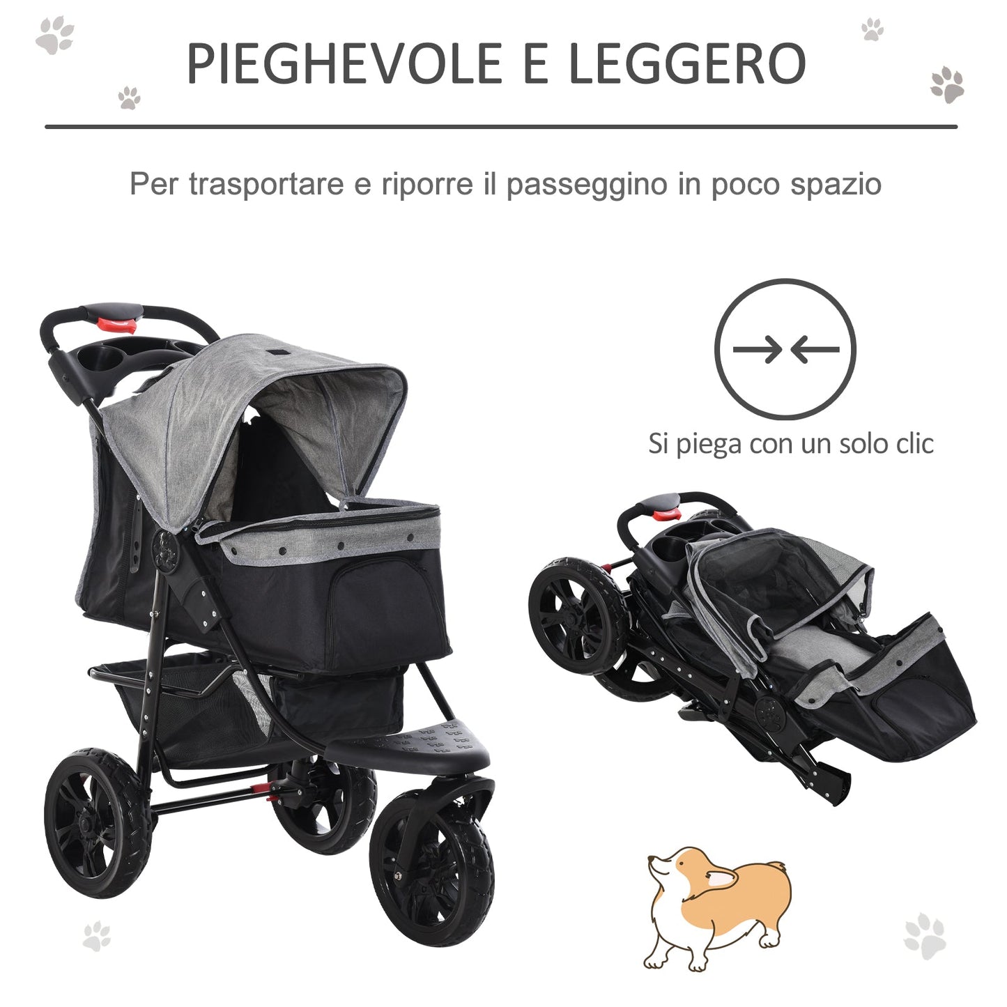 PAWHUT 3 -wheel folding dog stroller with brake, storage basket and bottle holder, in steel and oxford, Grey and black, 109.5x54.5x106.5cm - Borgè