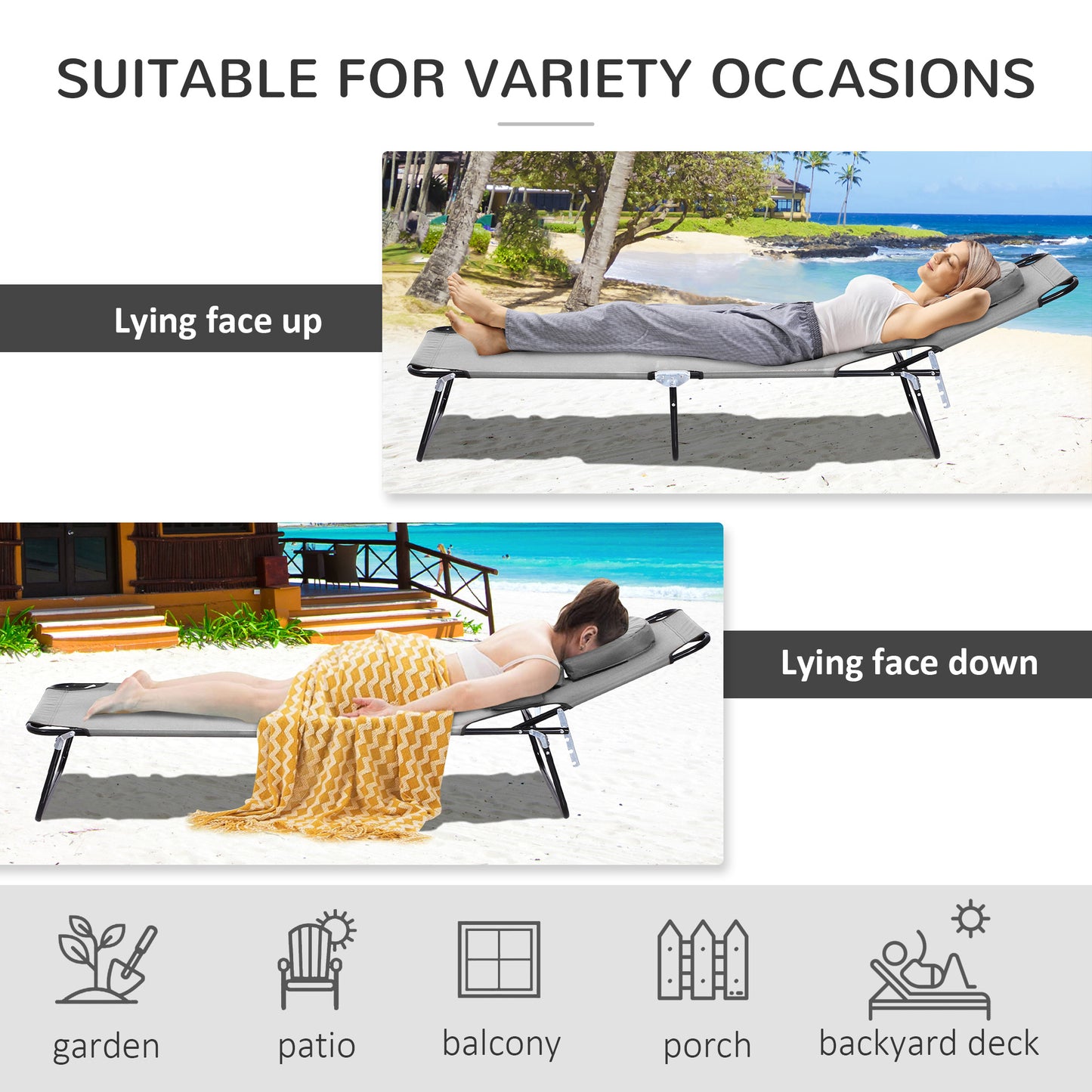 Outsunny folding sunbath with hole for the padded face and reclining back, gray - Borgè