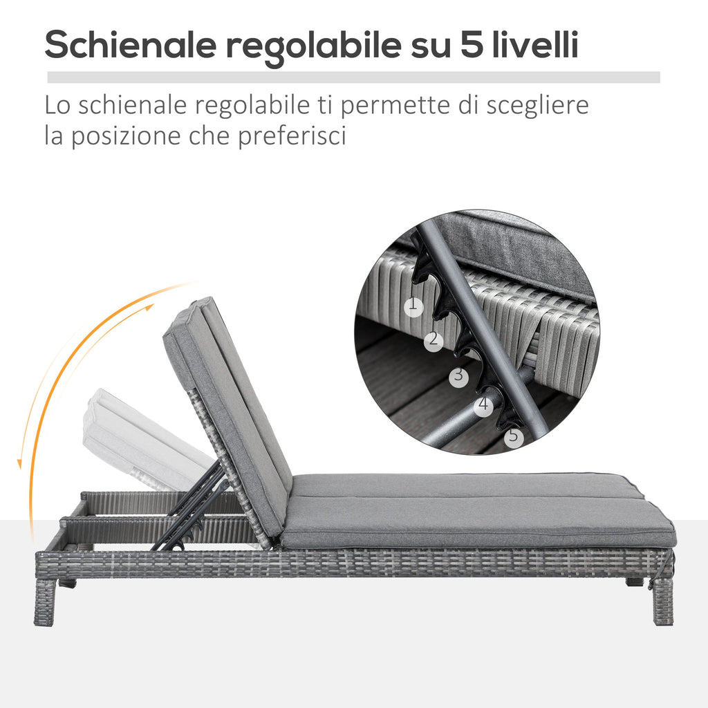 Double Seater Sun Lounger, Steel and Rattan Deckchair, Adjustable Backrest, 196 x 120 x 28cm Grey - Borge' Group Limited