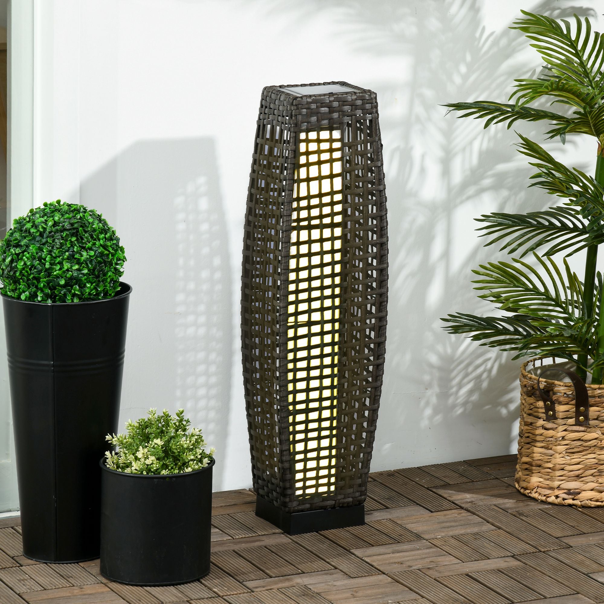 Outsunny Garden Solar Lamp with charging panel, in steel and rattan, 21x21x78 cm, black and gray - Borgè