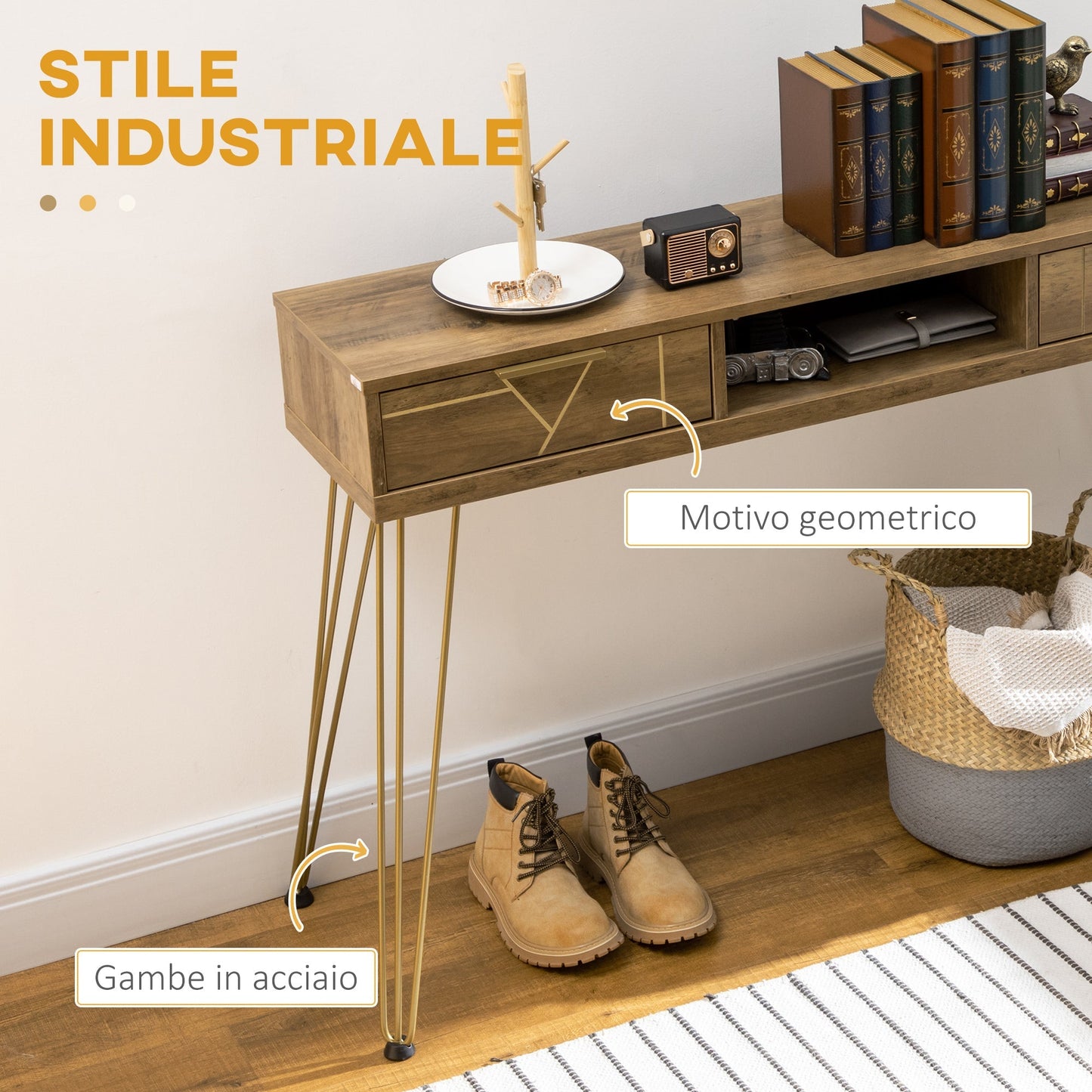 Table Console in chipboard and steel for entrance and living room with open shelf and 2 drawers, 120x29x79 cm