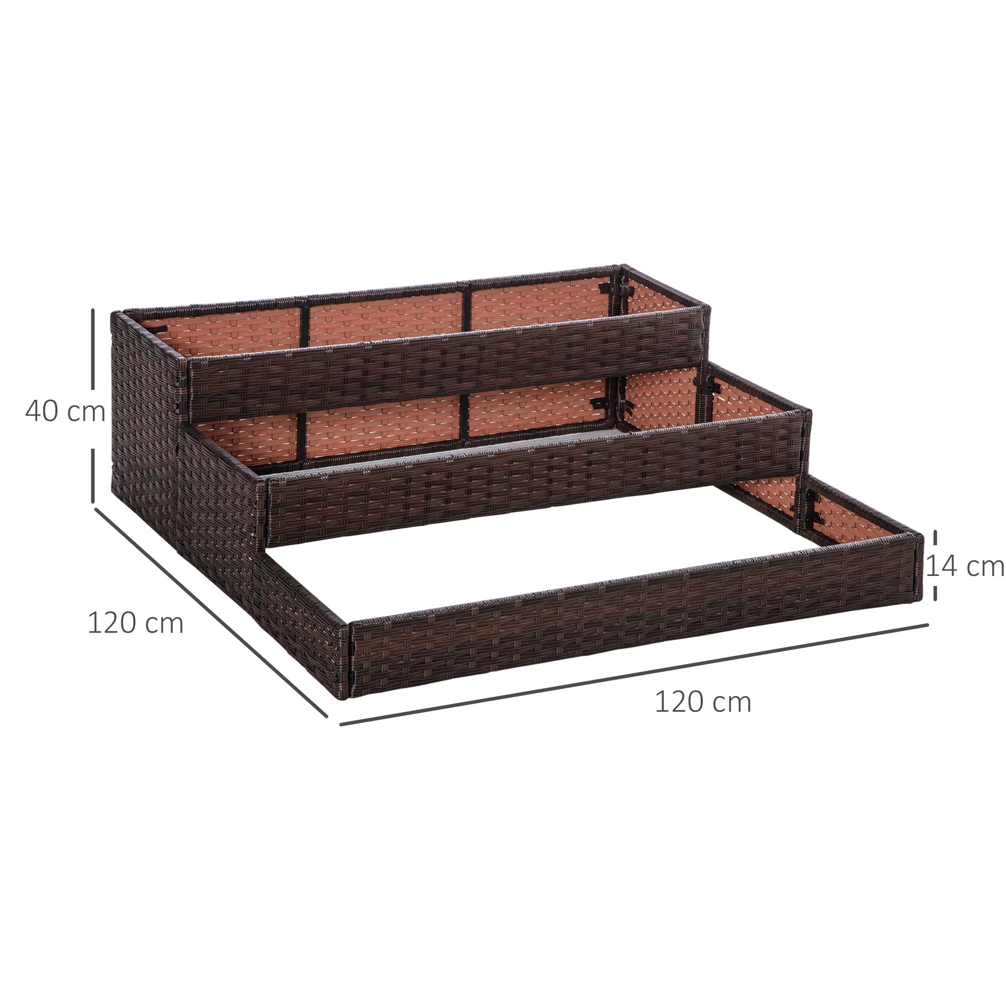 3-Tier Raised Garden Bed in Synthetic Rattan Without Bottom for Plants and Vegetables, 120x120x40cm, Grey - Borge' Group Limited