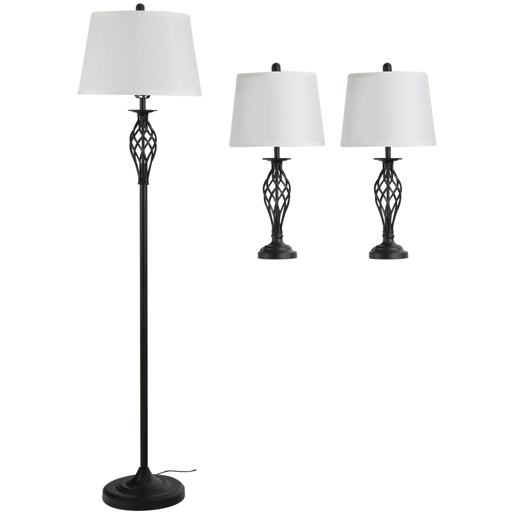 set 3 pieces: 1 ground lamp and 2 metal table lamps, vintage design, E27 bulbs, black and white - Borgè