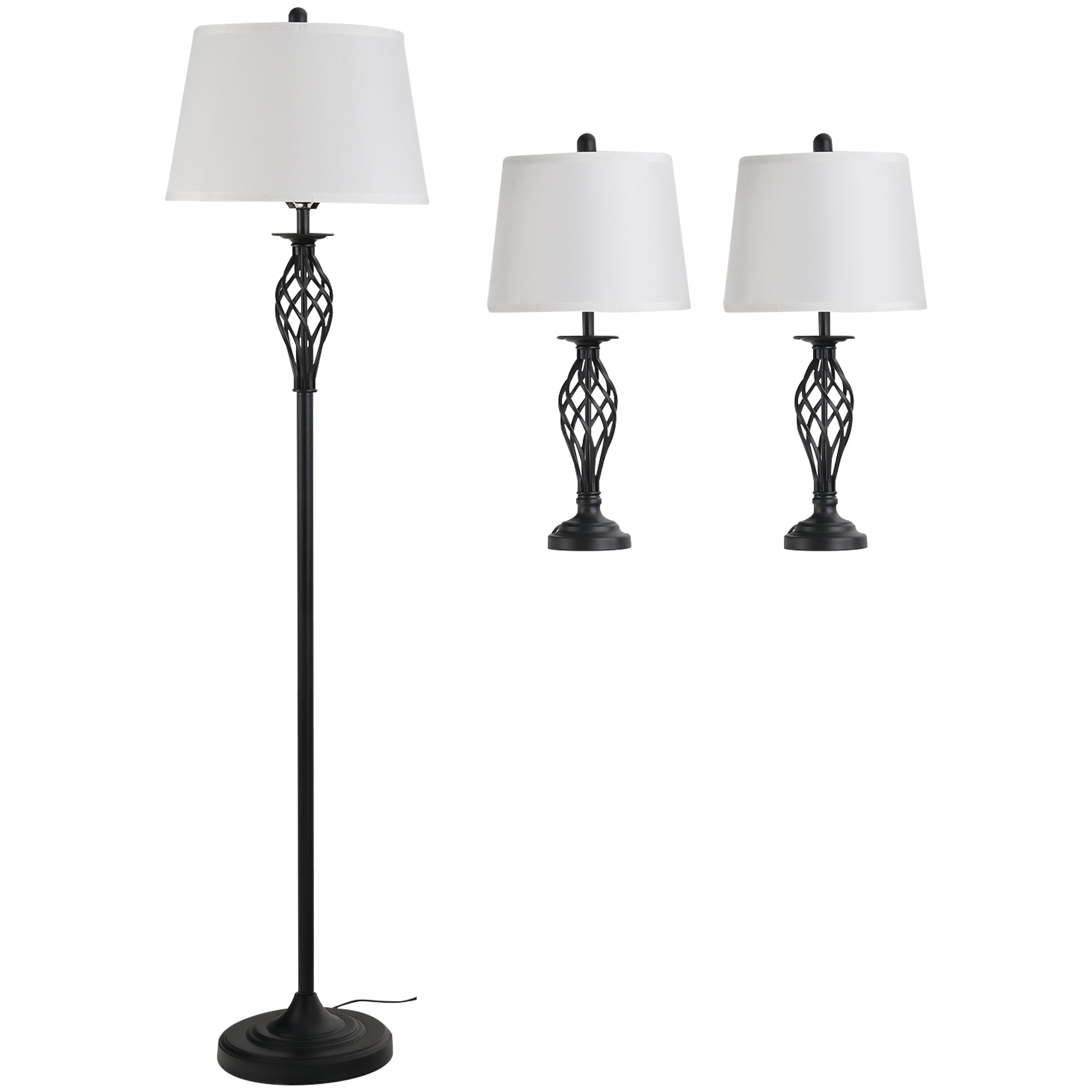 set 3 pieces: 1 ground lamp and 2 metal table lamps, vintage design, E27 bulbs, black and white - Borgè