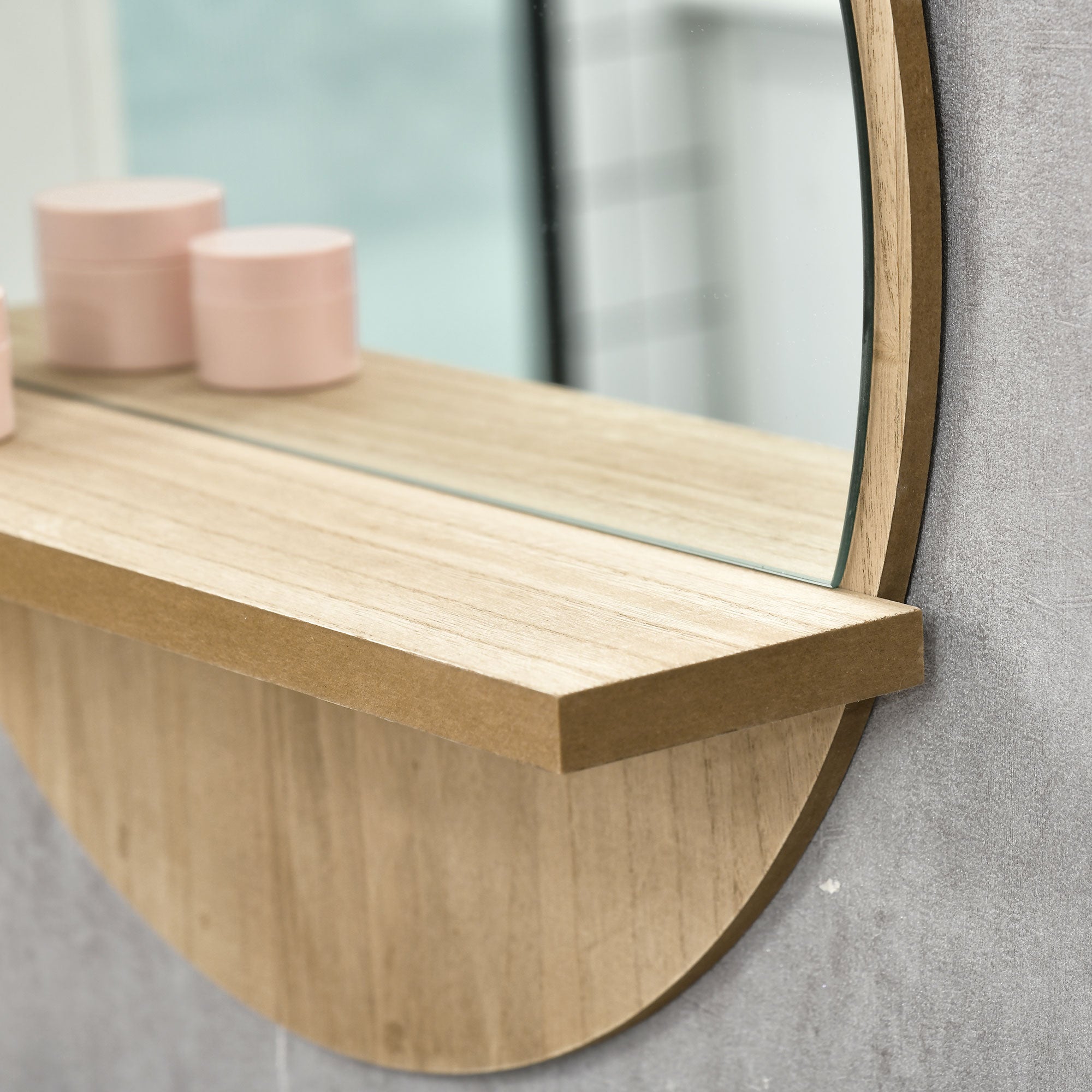 Kleankin Rotondic bath mirror in chipboard and glass with storage shelf and 2 rear hooks, Ã˜45x10 cm - Borgè