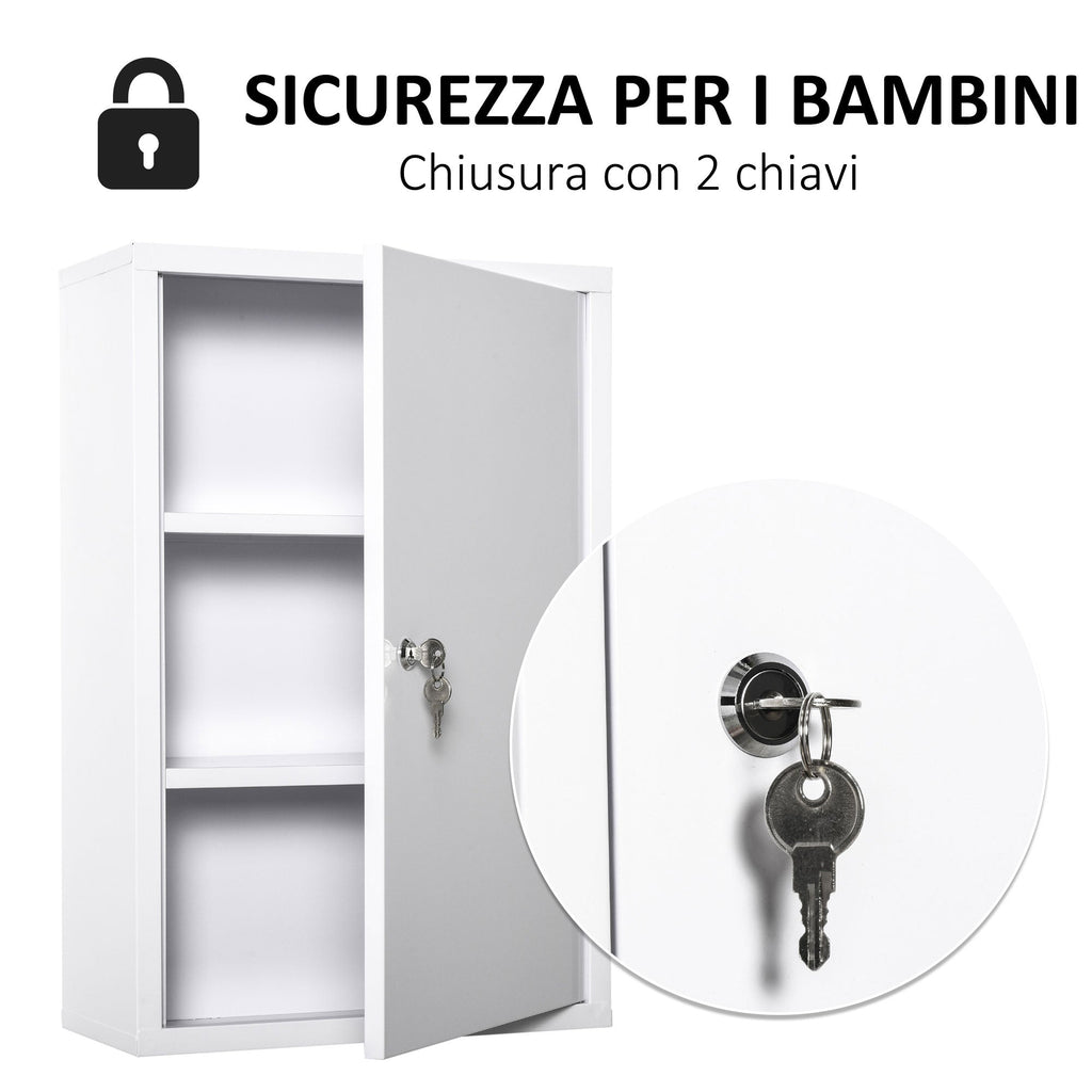 Kleankin 3 -level medicinal cabinet in steel with 2 keys and wall assembly, 40x18x60 cm, white - Borgè