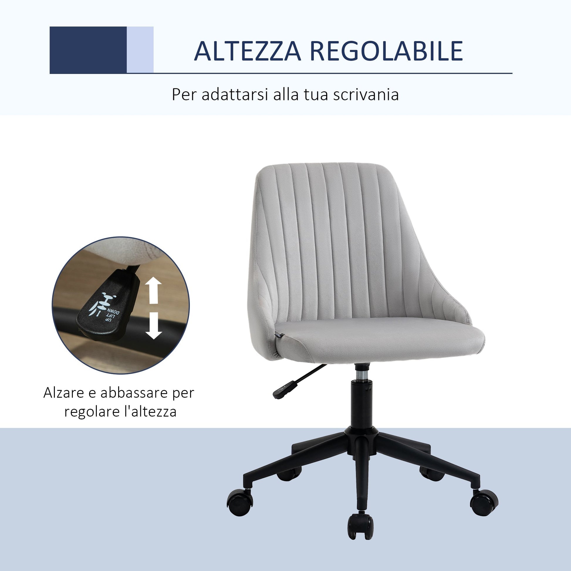 Vicetto swivel ergonomic office chair with adjustable velvet - Grey height - Borgè